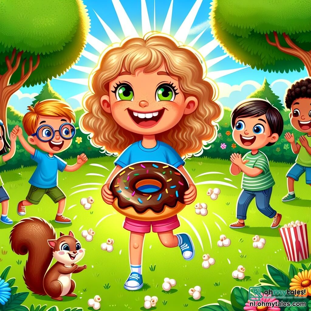 Une illustration sous forme de dessin destinée aux enfants représentant un parc ensoleillé avec des arbres verdoyants et des fleurs colorées, où une fille de 11 ans aux cheveux bouclés et blonds, portant un t-shirt bleu et un short rose, est en train de rire tout en tenant une grande donut, entourée de ses amis : un garçon aux lunettes et cheveux bruns qui sourit en lançant des popcorns, une fille aux cheveux roux et tressés qui applaudit, et un autre garçon aux cheveux courts et noirs qui fait une grimace comique, tous en train de participer à une joyeuse compétition de nourriture, avec des snacks éparpillés autour d'eux et un petit écureuil curieux les observant.