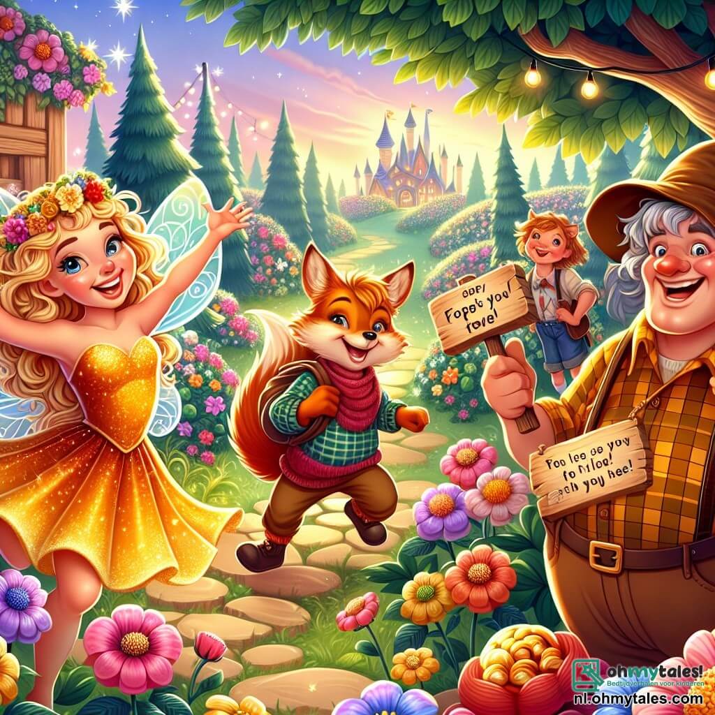 Une illustration sous forme de dessin destinée aux enfants représentant une magnifique jardin enchanté rempli de fleurs colorées et d'arbres majestueux, où une fée aux ailes scintillantes et aux cheveux dorés danse joyeusement dans les airs, entourée d'un renard malicieux à la fourrure rousse qui sourit en tenant un petit panneau avec un énigme, et d'un grand géant au visage amical, portant une chemise à carreaux et tenant une énorme sac de bonbons, alors qu'ils s'apprêtent à commencer une quête ludique de devinettes avec des enfants du village, tous émerveillés par la magie de l'endroit.