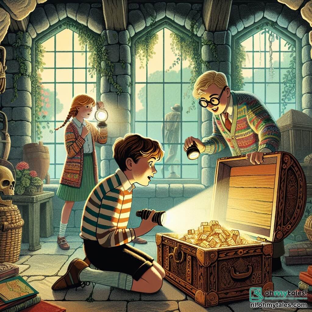 Illustratie van een scène in een oud mysterieus huis, met stenen muren bedekt met klimop en stoffige ramen die gedimd licht binnenlaten. In het midden van de kamer zit een 11-jarig jongetje met rommelig bruin haar, gekleed in een gestreept T-shirt en een korte broek, voor een grote houten kist, met glinsterende ogen van opwinding. Naast hem staan twee vrienden: een 10-jarig meisje met gevlochten blond haar en een kleurrijke vest, die een zaklamp vasthoudt, en een 12-jarige jongen met een bril en een T-shirt met patronen, die aandachtig naar een oude kaart kijkt. Ze zijn allemaal geconcentreerd op het openen van de kist, waar een verzameling glinsterende oude voorwerpen in ligt. Op de achtergrond tekenen mysterieuze schaduwen zich af, wat een vleugje intrige aan de scène toevoegt.