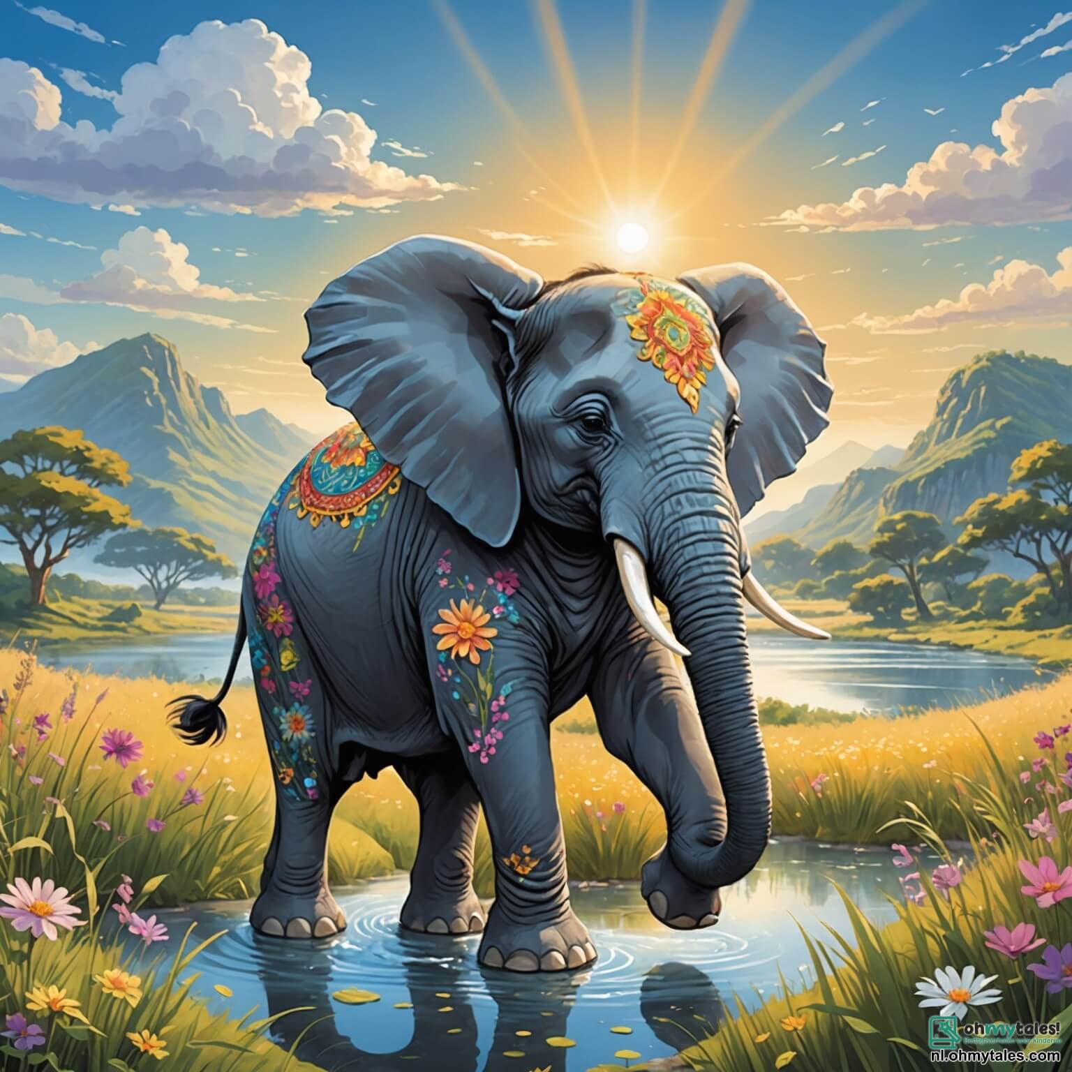 Une illustration destinée aux enfants représentant un majestueux éléphant aux grandes oreilles délicatement courbées, dont la peau grise scintille sous le doux soleil d'une vaste savane parsemée de fleurs colorées et d'herbes hautes dansant au gré du vent, se tenant au bord d'une rivière étincelante où se reflètent les nuages cotonneux du ciel bleu, tandis qu'il rêve d'aventures au-delà des collines dorées, accompagné de ses fidèles amis, un joyeux perroquet aux plumes éclatantes et un sage vieux lion à la crinière flamboyante, tous deux partageant des histoires et des rires, tout en se préparant à explorer les mystères d'une forêt enchantée qui se profile à l'horizon, pleine de secrets et de promesses d'amitié.
