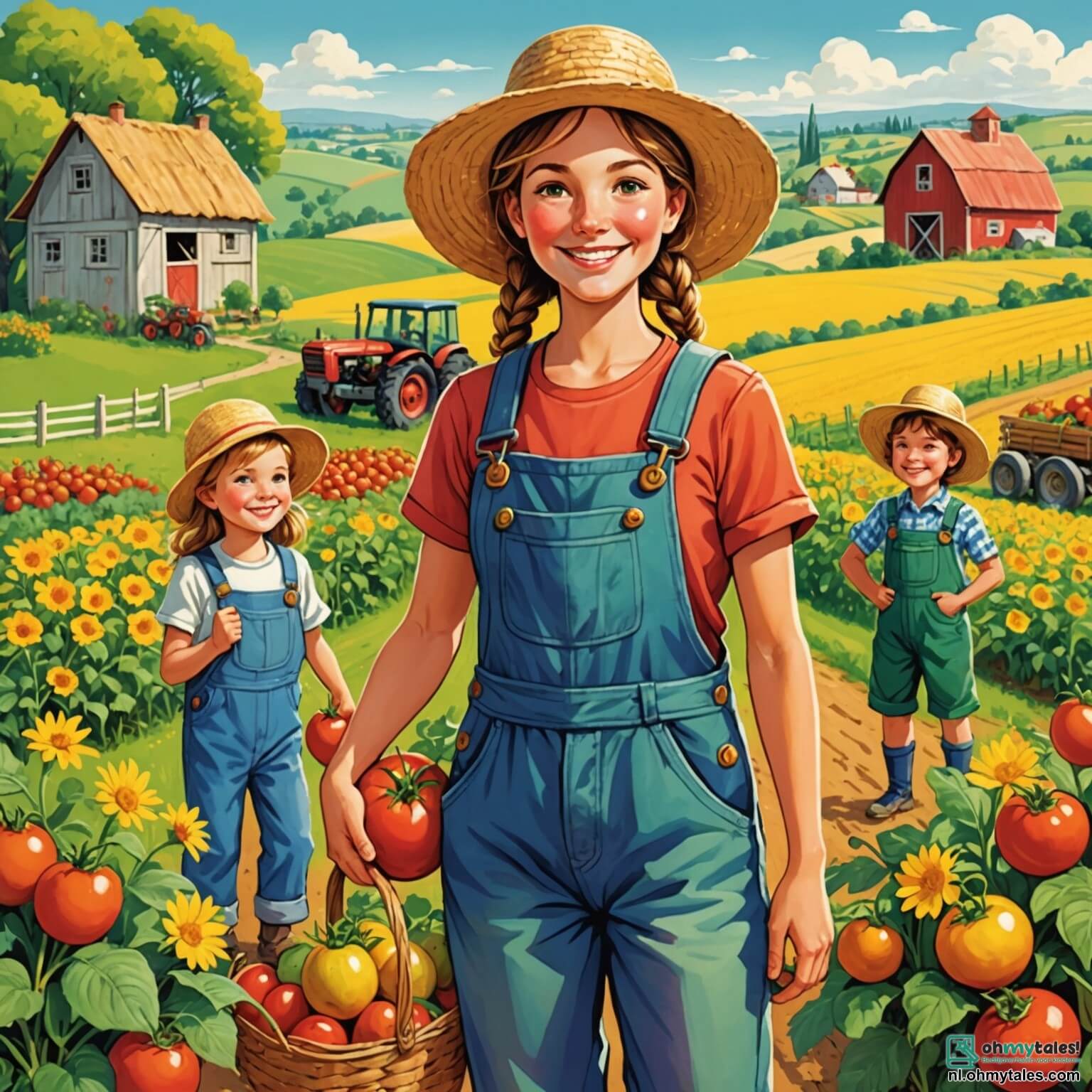 Une illustration destinée aux enfants représentant une femme agricultrice au sourire chaleureux, vêtue d'une salopette colorée et d'un chapeau de paille, se tenant au milieu de sa ferme pittoresque entourée de champs verdoyants où des fleurs éclatantes dansent au gré du vent, tandis que deux enfants, une fille aux cheveux tressés et un garçon à la grande grinche, l'aident joyeusement à récolter des tomates juteuses et des pommes de terre dorées, tout en écoutant les histoires fascinantes de la vie à la ferme et en jouant avec les adorables animaux qui gambadent autour d'eux sous un ciel bleu azur parsemé de nuages cotonneux.