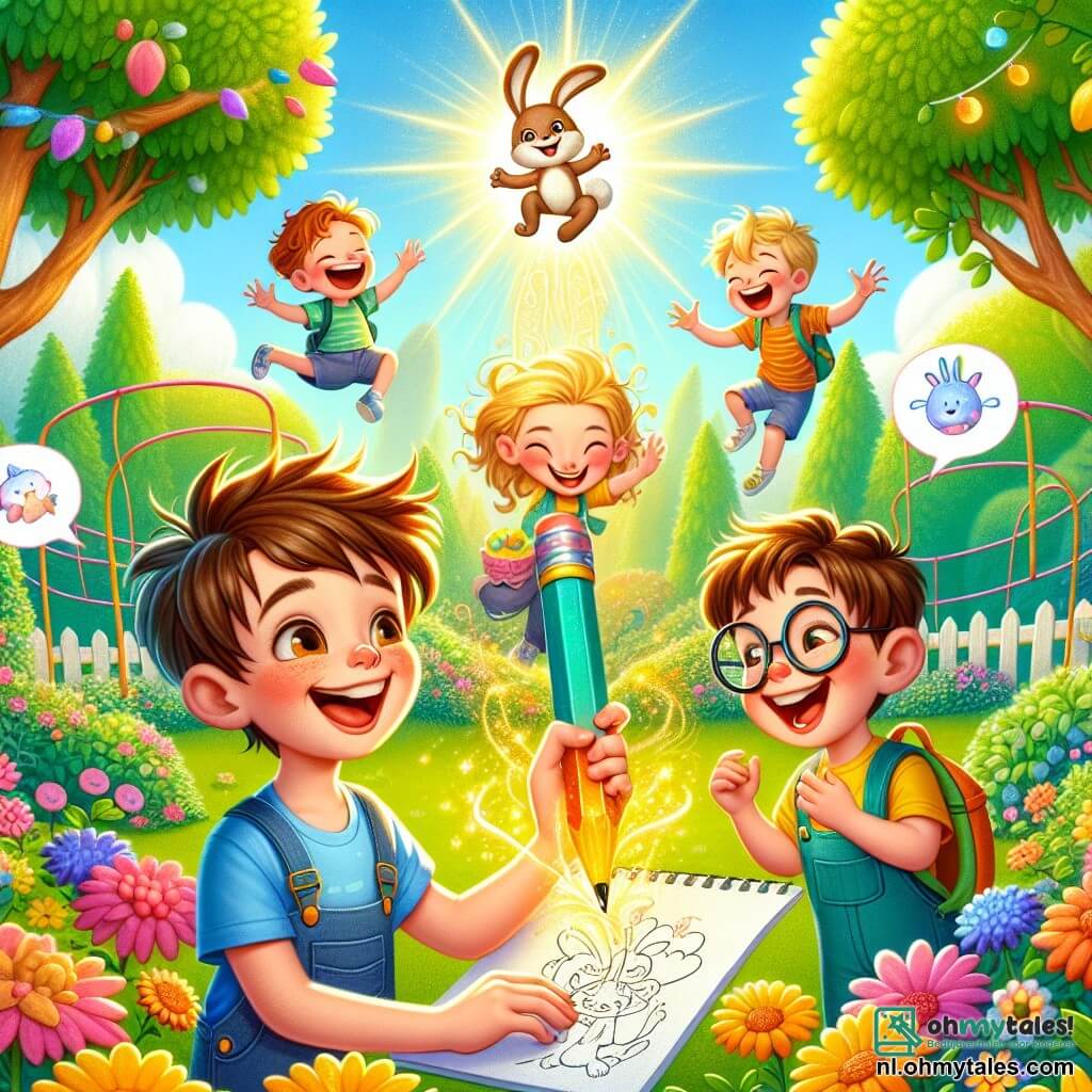 Illustratie van een vrolijke scène in een zonnige tuin, vol kleurrijke bloemen en groene bomen. In het midden staat een jongen van ongeveer 8 jaar met rommelig bruin haar en een stralende glimlach, die een magische pen vasthoudt die schittert. Naast hem lacht een jongen met blond haar, ook 8 jaar oud, met handen vol gesmolten ijs dat over zijn vingers druppelt. Een andere jongen met kastanjebruin haar en een bril klimt in een boom, met een stralend gezicht van blijdschap, terwijl een klein getekend konijntje uit het papier ontsnapt en om hen heen springt. De scène toont het moment waarop de jongen een grote trampoline tekent die de lucht in stijgt, wat leidt tot gelach en verbaasde uitroepen. Kleurrijke spraakballonnen zweven eromheen, die hun verwondering en plezier uitdrukken. De lucht is helderblauw, met pluizige wolken, en de zon straalt vrolijk, wat een vleugje magie toevoegt aan dit speelse avontuur.