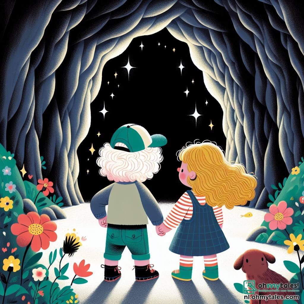 Une illustration sous forme de dessin destinée aux enfants représentant une grande grotte sombre avec des murs scintillants, où un garçon de 3 ans aux cheveux bouclés et à la casquette trop grande pour lui, se tient courageusement au centre, tenant la main de sa sœur de 5 ans aux cheveux longs et blonds, tandis qu'ils font face à une ombre mystérieuse qui émerge d'un coin, symbolisant leur bravoure et leur détermination à briser une malédiction, entourés de fleurs colorées et d'animaux curieux qui observent leur aventure.
