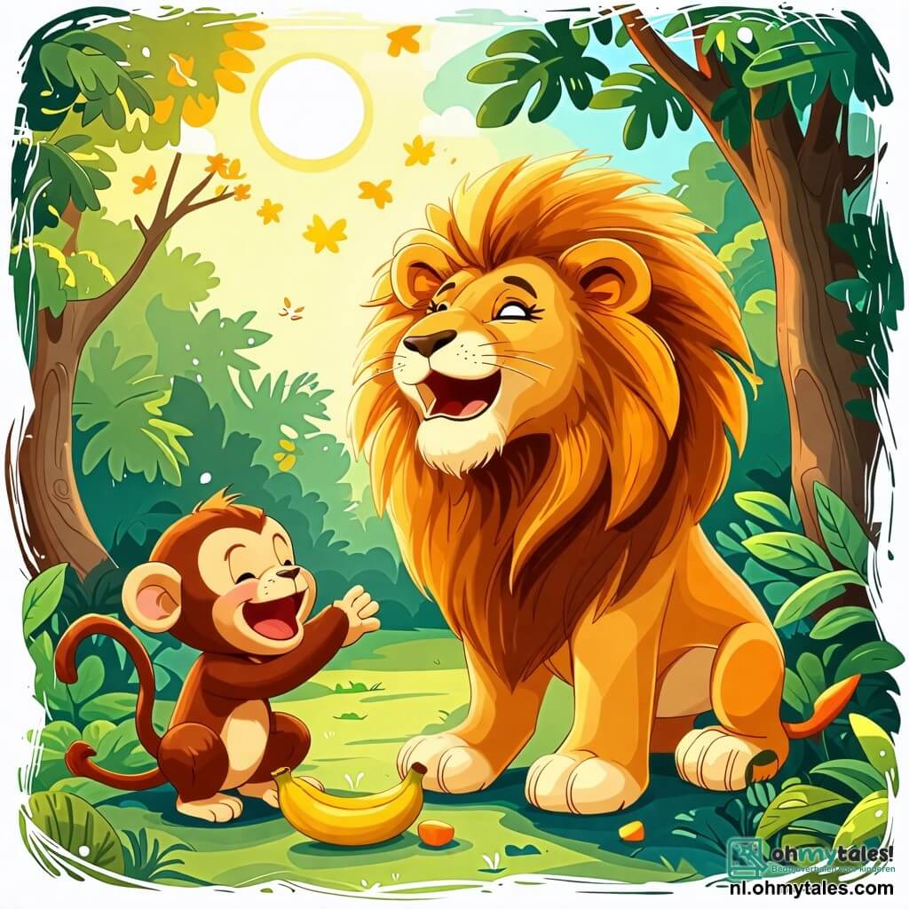 Une illustration sous forme de dessin destinée aux enfants représentant une scène ensoleillée dans une forêt verdoyante, où un lion majestueux avec une crinière dorée danse joyeusement en chantant, tandis qu'une petite singe aux yeux pétillants et à la fourrure brune rit aux éclats en essayant de l'imiter, avec une banane tombée sur le sol à côté d'eux, symbolisant leur amitié et leur joie de vivre ensemble.