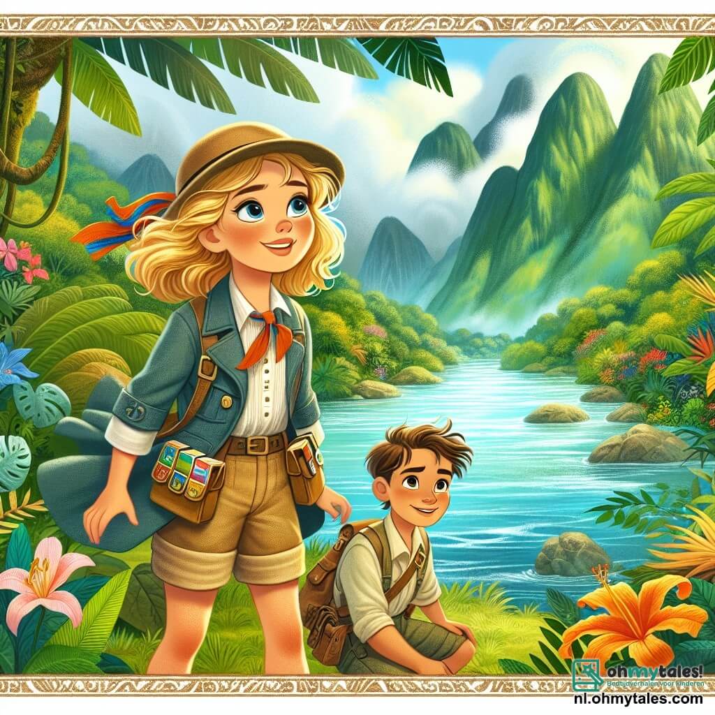 Une illustration destinée aux enfants représentant une jeune femme intrépide aux cheveux dorés flottant au vent, vêtue d'une tenue d'exploratrice ornée de poches remplies de trésors naturels, se tenant au bord d'une rivière scintillante entourée de majestueuses montagnes verdoyantes, tandis qu'elle scrute avec émerveillement la dense jungle tropicale, peuplée de fleurs éclatantes aux couleurs vives et d'animaux exotiques, où elle est accompagnée d'un jeune homme au sourire chaleureux, son fidèle ami, qui partage avec elle le rêve de découvrir la légendaire Hartsteen, une gemme magique cachée au cœur de cette nature luxuriante, remplie de mystères et de secrets à dévoiler.