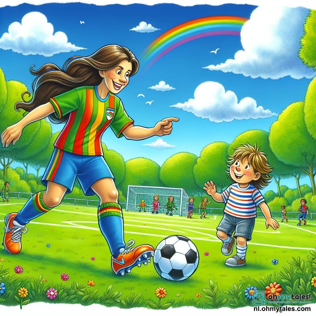 Illustratie van een groot groen voetbalveld onder een stralende blauwe lucht, met zacht drijvende witte wolken. In het midden staat een atletische vrouw met lang bruin haar, gekleed in een kleurrijk voetbalshirt en shorts, die vrolijk glimlacht terwijl ze behendig de bal dribbelt. Naast haar kijkt een klein jongetje van ongeveer zes jaar, met wild blond haar en een gestreept t-shirt, verwonderd toe, klaar om de bal te ontvangen. De vrouw maakt een vriendelijke gebaar, wat hem aanmoedigt om mee te doen. Op de achtergrond omringen groene bomen het veld en kleurrijke bloemen voegen een vrolijke toets toe. De sfeer is vol vreugde en energie, die de geest van spel en vriendschap vastlegt.