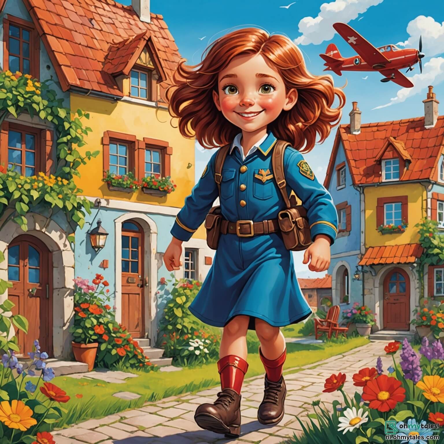 Une illustration destinée aux enfants représentant une pilote d'avion intrépide, avec des cheveux flottants au vent et un sourire éclatant, se tenant fièrement à côté de son majestueux avion aux couleurs vives, dans un petit village pittoresque nommé Luchtstad, où les maisons aux toits en tuiles rouges sont entourées de champs verdoyants et de fleurs éclatantes, tandis que deux enfants, un garçon curieux aux yeux pétillants et une fille pleine d'imagination avec des couettes rebondissantes, s'approchent avec émerveillement pour découvrir les secrets du ciel et vivre une aventure inoubliable.