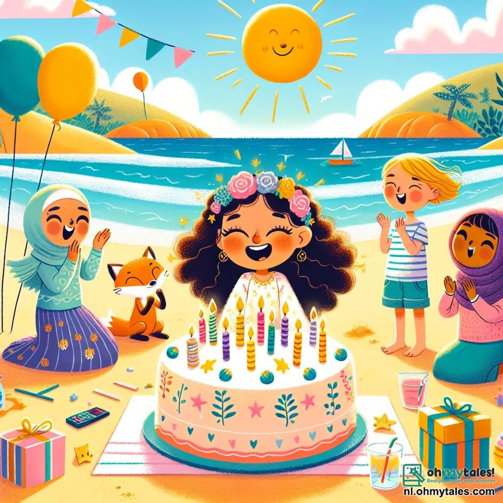 Une illustration sous forme de dessin destinée aux enfants représentant une plage ensoleillée avec des vagues douces et du sable doré, où une fille de 11 ans aux cheveux bouclés et à la grande sourire est en train de souffler sur des bougies d'anniversaire sur une magnifique gâteau décoré de couleurs vives, entourée de ses amis, dont une fille aux cheveux longs et blonds qui applaudit joyeusement et un garçon aux cheveux bruns qui tient une boîte de ballons colorés, tandis qu'un petit renard espiègle avec une écharpe colorée observe la scène avec curiosité, capturant l'esprit de fête et d'amitié de cet anniversaire mémorable.