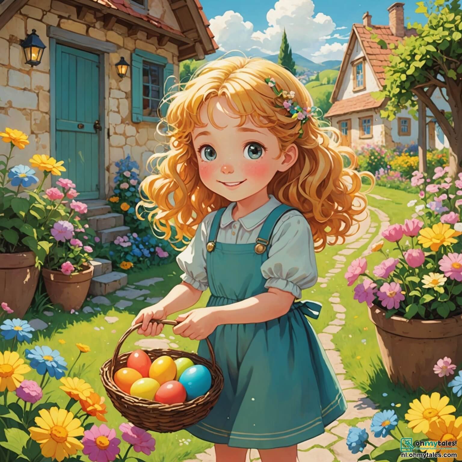 Une illustration destinée aux enfants représentant une petite fille aux cheveux bouclés et dorés, illuminée par le doux soleil du matin, qui découvre un œuf doré scintillant caché parmi les fleurs colorées de son jardin fleuri, entourée de ses amis joyeux, tous des garçons et des filles aux rires éclatants, dans un village pittoresque où les maisons aux façades pastel sont ornées de guirlandes de fleurs et où l'air est empli de l'odeur sucrée des chocolats de Pâques, tandis qu'un grand arbre majestueux, aux branches chargées de feuilles vertes, se dresse fièrement à l'arrière-plan, créant une atmosphère magique et festive.
