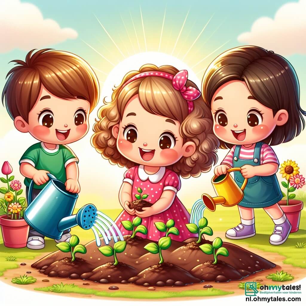 Une illustration sous forme de dessin destinée aux enfants représentant une charmante petite jardin potager ensoleillé, où une fille de 9 ans aux cheveux bouclés et blonds, vêtue d'une robe rose, s'active joyeusement à planter des graines dans la terre, tandis qu'à ses côtés, deux amis, un garçon aux cheveux bruns et une fille aux cheveux châtains, l'aident en arrosant les jeunes pousses avec des arrosoirs colorés, symbolisant leur engagement collectif pour protéger l'environnement et cultiver leur propre nourriture.