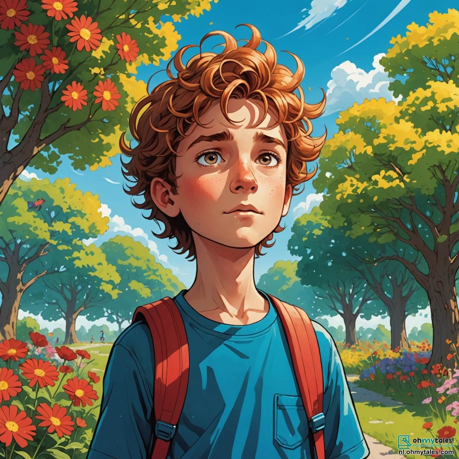 Une illustration destinée aux enfants représentant un garçon aux yeux pétillants de curiosité, aux cheveux ébouriffés comme les nuages d'un ciel d'été, se tenant au milieu d'un parc vibrant de couleurs, où des fleurs éclatantes dansent au gré du vent et où des arbres majestueux, tels des géants bienveillants, offrent leur ombre, tandis qu'il observe avec une détermination ardente ses camarades, une fille à la tresse dorée et un garçon à la casquette rouge, en train de ramasser des déchets pour préserver la beauté de leur environnement, tout en rêvant d'un monde où les rivières scintillent comme des miroirs et où les oiseaux chantent librement, loin des dangers du changement climatique.