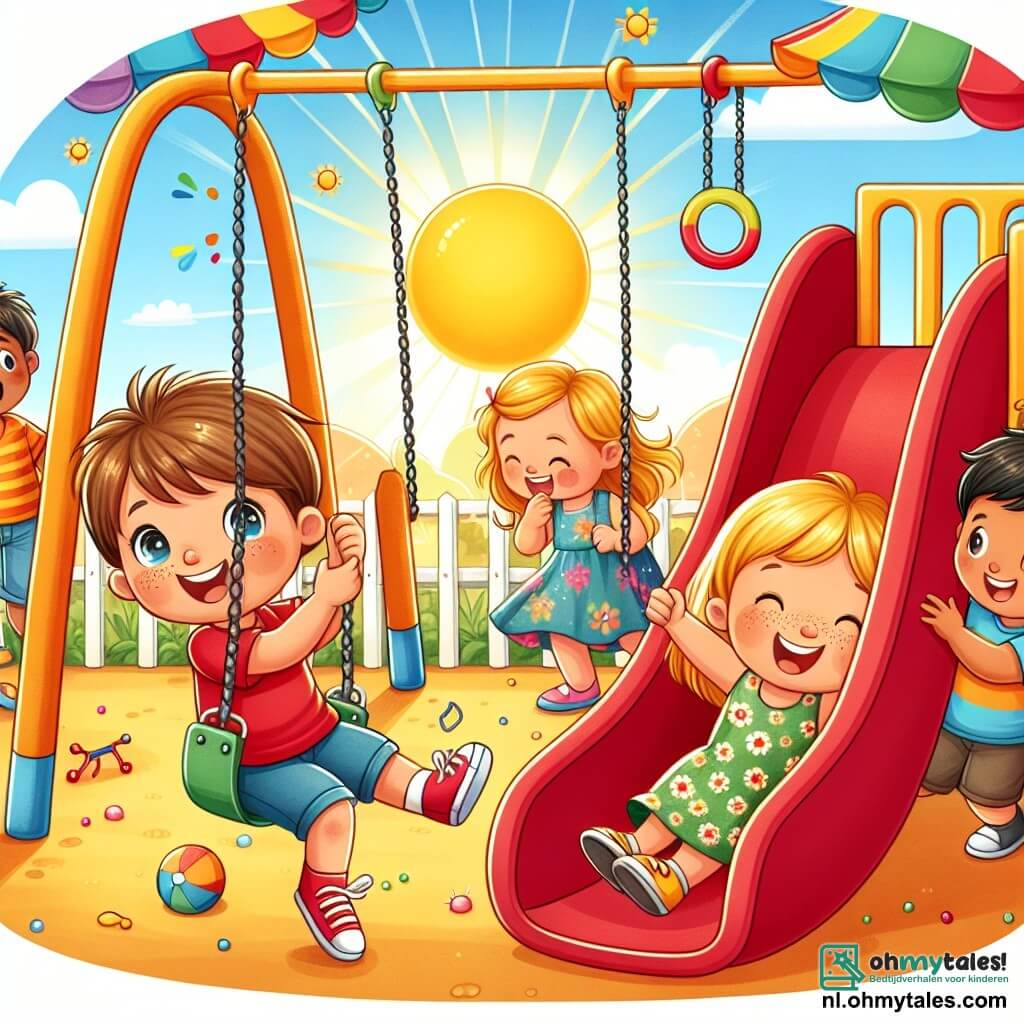 Une illustration sous forme de dessin destinée aux enfants représentant une joyeuse aire de jeux ensoleillée, avec des balançoires colorées et une grande glissière, où un garçon de 3 ans aux cheveux bruns et aux yeux pétillants, vêtu d'un t-shirt rouge et d'un short bleu, se balance avec enthousiasme, tandis qu'une petite fille de 3 ans aux cheveux blonds et aux taches de rousseur, portant une robe à fleurs, rit en se cachant derrière une glissière, et un garçon de 3 ans aux cheveux noirs et à la peau mate, souriant et joyeux, compte à haute voix en jouant à cache-cache, illustrant ainsi la beauté de l'amitié et de la diversité.
