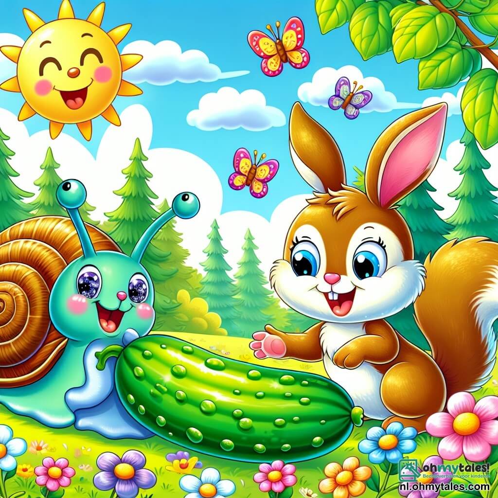 Illustratie van een vrolijke scène in een zonnige open plek, omringd door kleurrijke bloemen die zachtjes in de wind dansen. In het midden staat een kleine slak met een glanzende groene schelp, sprankelende ogen en een roze tong op een blad, enthousiast lachend. Naast hem springt een schattig konijn met grote oren en een zachte vacht, met nieuwsgierige ogen, vrolijk rond, terwijl een eekhoorn met een bruine vacht en een pluizige staart op een nabijgelegen tak klimt en de scène met een ondeugende blik observeert. Samen vieren ze hun ontdekking van een enorme en heerlijke komkommer, die op de grond ligt, omringd door gelach en vreugde. Kleurrijke vlinders vliegen om hen heen en voegen een magische touch toe aan dit avontuur vol vriendschap en lachen.