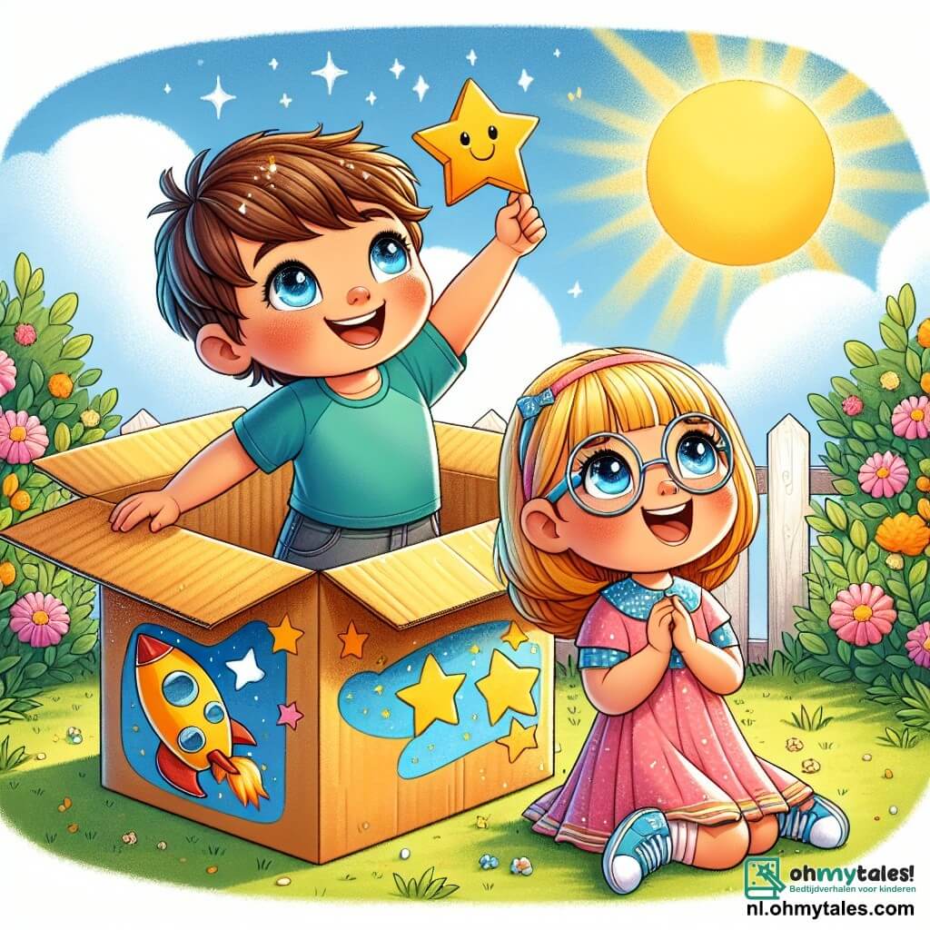 Une illustration sous forme de dessin destinée aux enfants représentant un jardin ensoleillé avec une grande boîte en carton décorée de couleurs vives et de dessins d'étoiles, où un garçon aux cheveux bruns et aux yeux pétillants, vêtu d'un t-shirt bleu et d'un short, se tient debout à l'intérieur de la boîte en levant les bras vers le ciel comme s'il s'apprêtait à décoller dans l'espace, tandis qu'une fille aux cheveux blonds et aux lunettes rondes, portant une robe rose, est assise à côté de la boîte, souriante et tenant une étoile en papier, tous deux plongés dans leur rêve d'explorer les étoiles et de devenir astronautes.