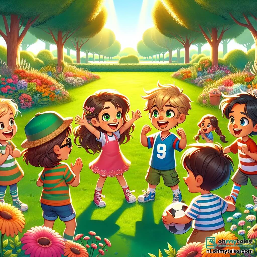 Illustratie van een groot zonnig park, vol kleurrijke bloemen en majestueuze bomen. In het midden staat een groep van zeven kinderen, vier meisjes en drie jongens, in een cirkel op een groen grasveld. Een meisje van ongeveer 8 jaar, met lang bruin haar en een roze jurk, glimlacht vrolijk terwijl ze haar armen omhoog steekt. Naast haar applaudisseert een 9-jarige jongen met een rommelige blonde haardos en een blauwe t-shirt enthousiast. Een ander meisje van 7 jaar, met krullend haar en een gele short, kijkt om zich heen met fonkelende ogen. Een 8-jarige jongen, met een bril en een rood voetbalshirt, houdt een voetbal onder zijn arm. De drie andere kinderen, een meisje met zwart haar en een groene pet, een jongen met een strohoed en een gestreept shirt, en een meisje met een vlecht en een paarse t-shirt, staan ook in de cirkel, allemaal lachend en vol energie. De scène toont de kinderen die hun overwinning na een voetbalwedstrijd vieren, verenigd in vreugde en kameraadschap, wat het thema van gendergelijkheid illustreert. Op de achtergrond applaudisseren ouders en andere kinderen, terwijl een grote kleurrijke banner met de tekst "Samen zijn we sterk!" in de wind wappert.