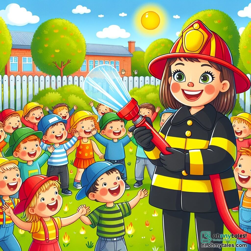 Une illustration sous forme de dessin destinée aux enfants représentant une cour d'école ensoleillée avec des arbres verdoyants en arrière-plan, où une femme pompière en uniforme noir et jaune, avec un casque brillant et un grand sourire, montre une grande hose rouge aux enfants, qui sont un groupe de garçons et de filles aux yeux écarquillés, certains portant des casquettes colorées, tous riant et jouant à imiter des pompiers en se tenant la main et en faisant semblant de courir vers une "urgence" imaginaire, créant une atmosphère joyeuse et éducative sur la sécurité incendie.