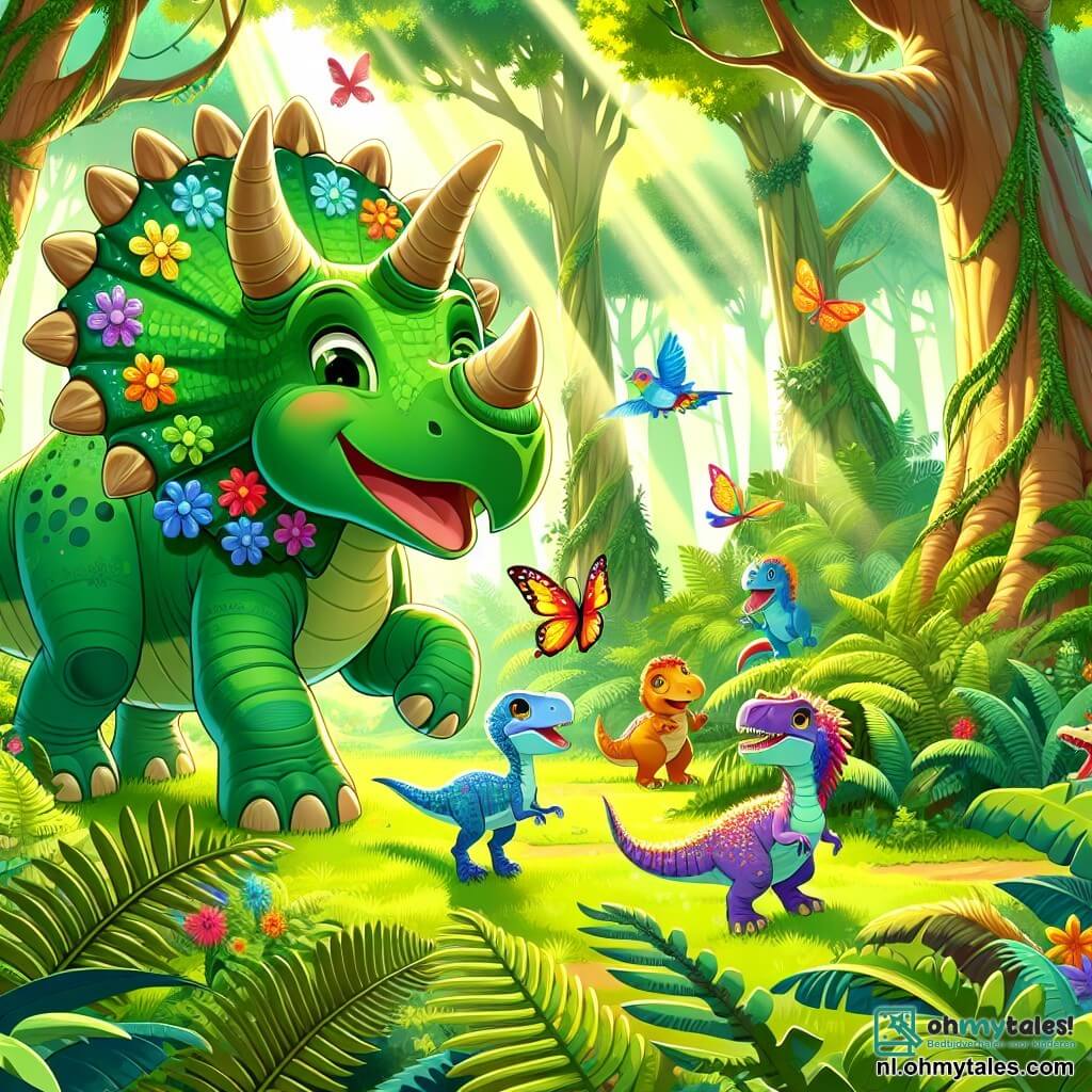 Illustratie van een weelderige jungle, gevuld met grote groene varens en majestueuze bomen met dikke stammen, waar het zonlicht door het loof filtert en dansende schaduwen op de grond creëert. In het midden van de afbeelding staat een blije triceratops met een stralende groene huid, drie stevige hoorns op zijn hoofd en een grote ketting van kleurrijke bloemen om zijn nek, die aan het spelen is met vrienden. Naast hem kijkt een jonge veloceiraptor met kleurrijke veren, sprankelende ogen en een lange staart nieuwsgierig toe, terwijl een groep kleine dinosaurussen in felle kleuren zich vermaakt met rondrennen. De scène straalt een sfeer van vriendschap en avontuur uit, met fladderende vlinders en zingende vogels in de bomen, terwijl de triceratops glimlacht, klaar om de jungle met zijn vrienden te verkennen.