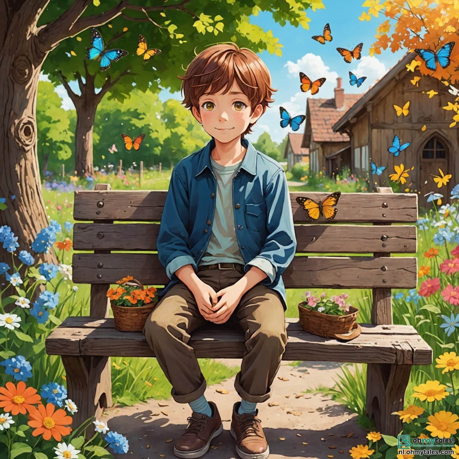 Une illustration destinée aux enfants représentant un garçon aux cheveux châtains et aux yeux pétillants, assis sur un vieux banc en bois dans un jardin ensoleillé rempli de fleurs colorées et de papillons virevoltants, où il se remémore avec tendresse les histoires de son grand-père, un homme sage à la barbe blanche et au sourire chaleureux, tout en faisant face à la réalité de la perte, entouré de souvenirs d'aventures passées qui dansent autour de lui comme les feuilles d'automne emportées par le vent.