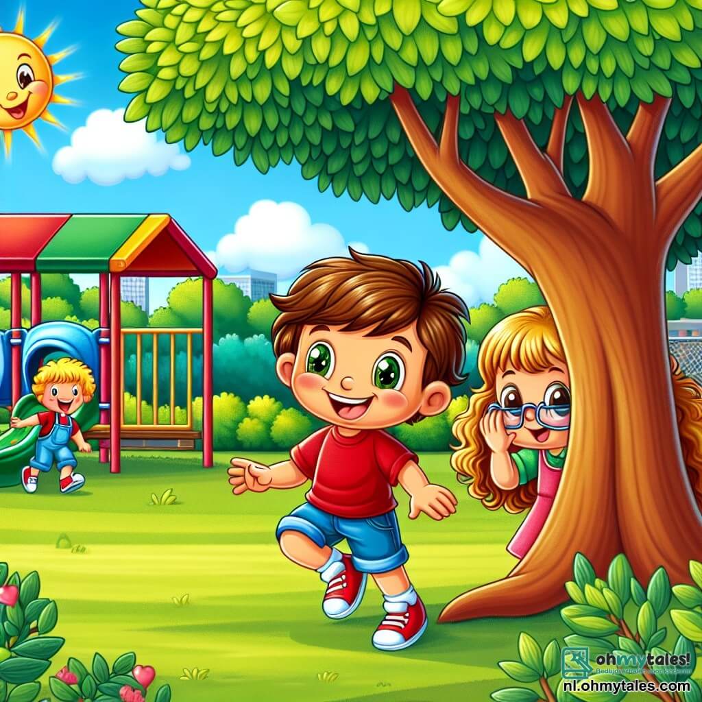 Une illustration sous forme de dessin destinée aux enfants représentant une cour d'école ensoleillée avec des arbres verdoyants et des jeux colorés, où un garçon de 5 ans aux cheveux bruns et aux yeux pétillants, portant un t-shirt rouge et un short bleu, sourit en jouant à cache-cache avec son ami, un garçon aux cheveux blonds et aux lunettes, qui se cache derrière un arbre, tandis qu'une fille aux cheveux longs et bouclés, vêtue d'une robe rose, les observe en riant, illustrant l'importance de l'amitié et de la communication dans un cadre scolaire joyeux.
