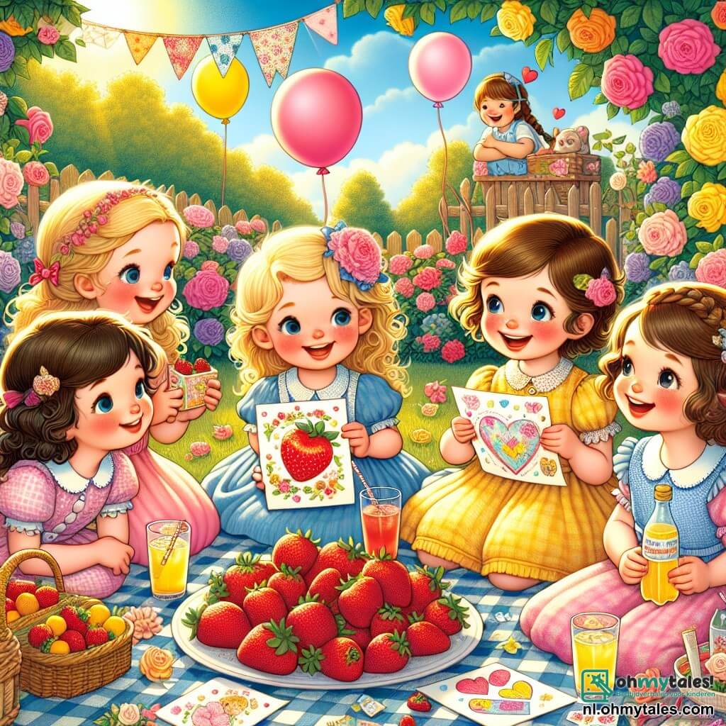 Illustratie van een mooie zonnige tuin scène, gevuld met kleurrijke bloemen in levendige tinten: roze, geel en paars. In het midden zitten vier kleine meisjes, ongeveer 8 jaar oud, op een geruite deken. Eén is een meisje met blond haar, in een roze jurk, die vrolijk glimlacht terwijl ze een kaart versierd met bloemen vasthoudt. Naast haar kijkt een meisje met bruin haar en een vlecht, in een blauwe jurk, verwonderd naar een groot bord sappige aardbeien. Een ander meisje, met krullend haar in een gele jurk, lacht terwijl ze een fles limonade vasthoudt. Ten slotte toont een meisje in een rolstoel, met kort haar en een stralende glimlach, een tekening van een hart die ze heeft gemaakt. De belangrijkste situatie laat de meisjes zien die een verrassing voor hun moeders voorbereiden, omringd door een vrolijke en feestelijke sfeer. Kleurrijke ballonnen zweven in de lucht en handgemaakte kaarten zijn verspreid om hen heen. De achtergrond toont groene bomen en een helderblauwe lucht, wat een vleugje magie toevoegt aan dit speciale moment van Moederdag.