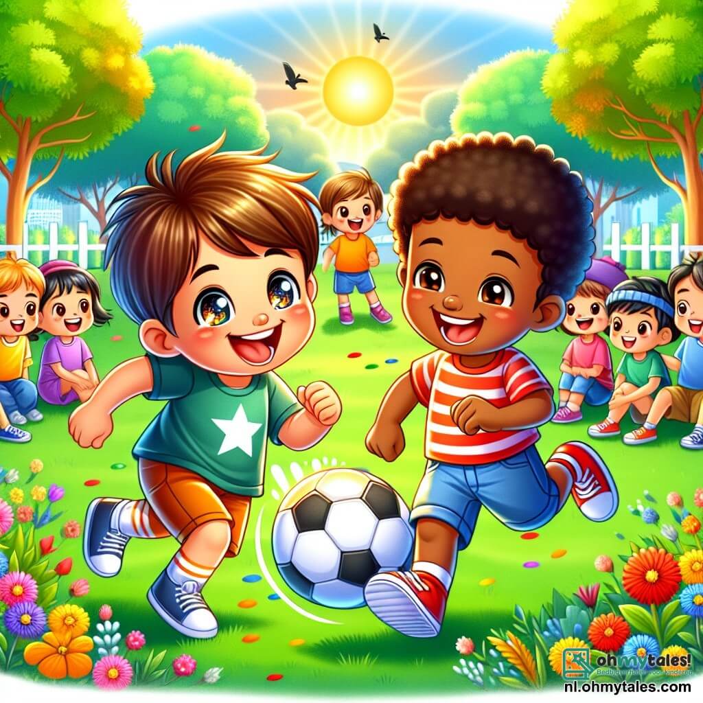 Une illustration sous forme de dessin destinée aux enfants représentant un parc ensoleillé avec des arbres colorés et des fleurs éclatantes, où un garçon de 7 ans aux cheveux bruns et aux yeux pétillants joue au football avec un autre garçon de 7 ans, d'origine asiatique, qui sourit joyeusement tout en dribblant le ballon ; en arrière-plan, un groupe d'enfants aux couleurs de peau variées les observe, certains avec des expressions curieuses et d'autres avec des sourires, illustrant l'acceptation et l'amitié naissante entre les deux garçons malgré leurs différences.