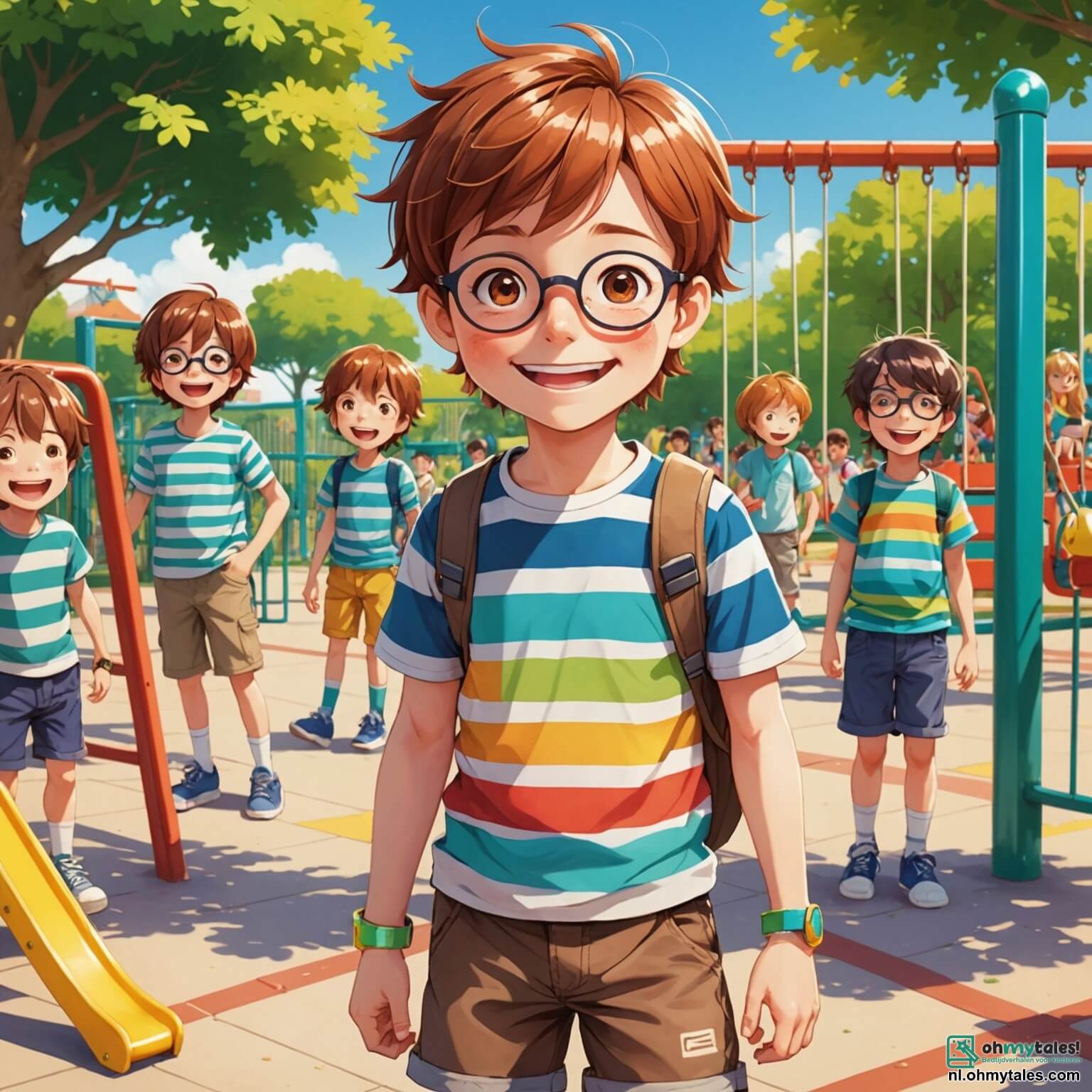 Une illustration destinée aux enfants représentant un garçon aux cheveux châtains et aux yeux pétillants, vêtu d'un t-shirt rayé et d'un short coloré, se tenant avec un sourire éclatant au milieu d'une cour de récréation ensoleillée, entourée de balançoires qui grincent doucement, de toboggans multicolores scintillant sous les rayons du soleil, et de groupes d'enfants riant et jouant, tandis qu'un autre garçon à lunettes, un peu timide mais curieux, observe la scène depuis un coin, et une fille aux nattes qui s'amuse à dessiner des fleurs sur le sol avec des craies colorées, tous partageant ensemble l'excitation d'une journée d'école remplie d'apprentissages et de découvertes.