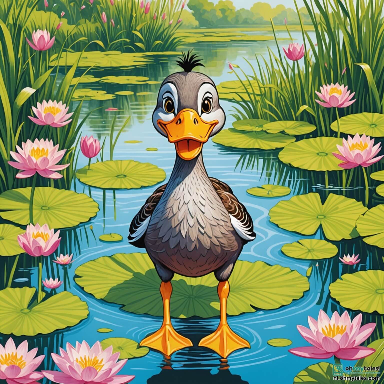 Une illustration destinée aux enfants représentant un canard au plumage éclatant de jaune, avec un sourire malicieux et des yeux pétillants de malice, se tenant fièrement au bord d'un paisible étang entouré de nénuphars roses et de joncs verdoyants, tandis qu'il s'apprête à organiser une fête d'anniversaire pleine de rires et de surprises avec ses amis, une chat espiègle à la fourrure rayée et un chien joyeux aux grandes oreilles, tous deux impatients de plonger dans l'eau scintillante sous un ciel bleu parsemé de nuages cotonneux, où le doux chant des oiseaux et le murmure des feuilles créent une mélodie joyeuse qui accompagne leurs aventures.