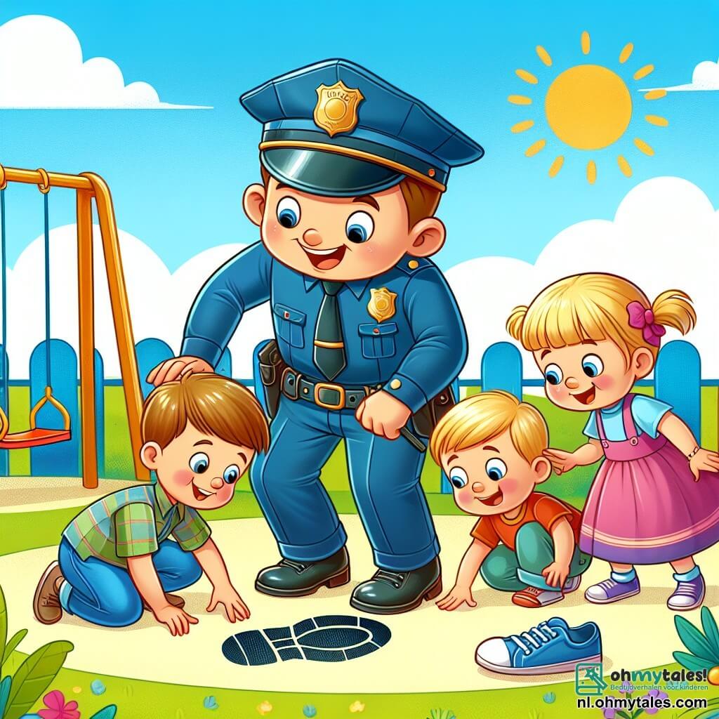 Une illustration sous forme de dessin destinée aux enfants représentant une joyeuse scène dans une petite et colorée aire de jeux ensoleillée, où un homme policier souriant en uniforme bleu, avec une casquette et une grande ceinture, se penche pour examiner une empreinte de chaussure sur le sol, tandis qu'un groupe de trois enfants, deux garçons aux cheveux blonds et une fille avec une grande robe rose, l'entourent avec des expressions curieuses et enthousiastes, tous en train de chercher des indices pour résoudre le mystère d'une balle disparue, avec des balançoires et un toboggan en arrière-plan.