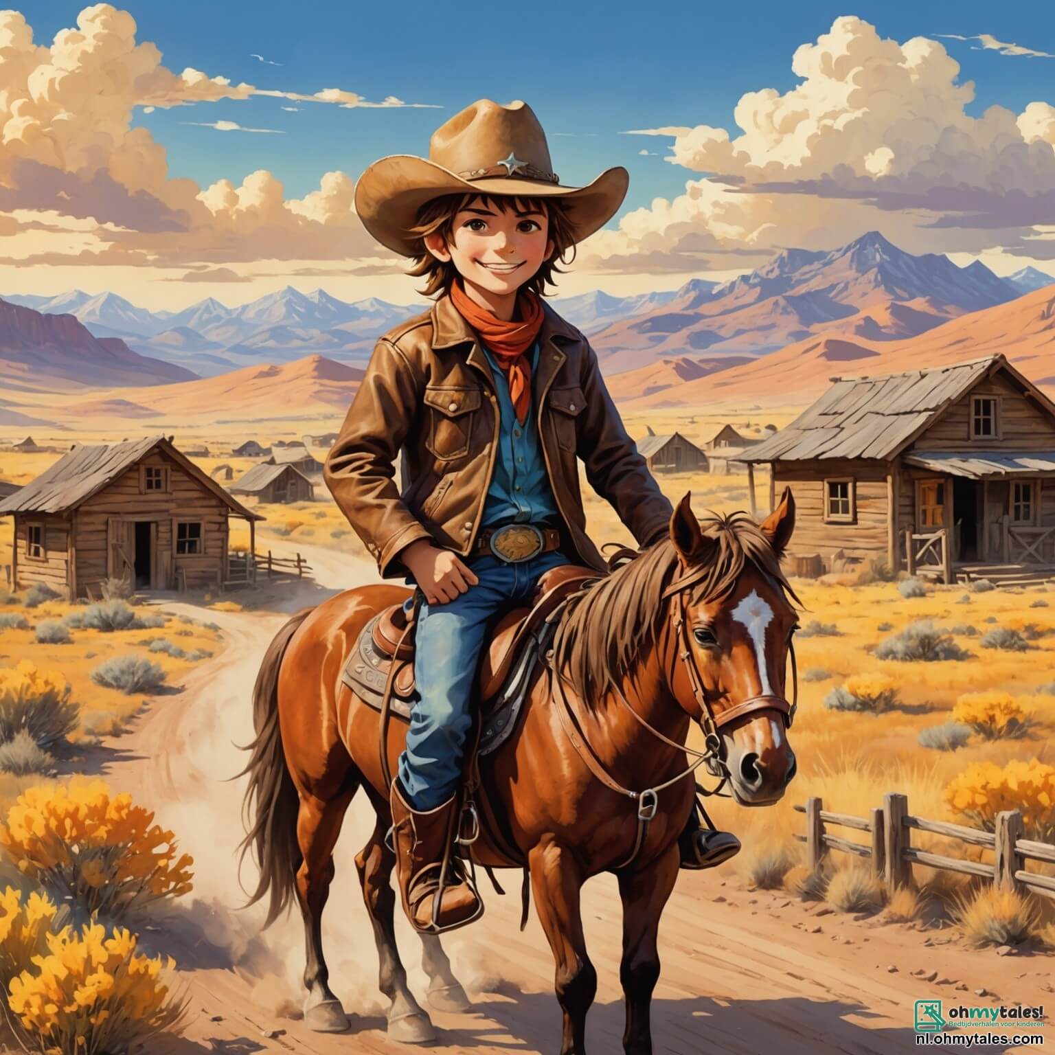 Une illustration destinée aux enfants représentant un jeune cowboy intrépide, un garçon à la chevelure ébouriffée et au sourire éclatant, vêtu d'une grande veste en cuir usée, d'un chapeau de cowboy trop grand pour sa tête, chevauchant son fidèle mustang à la crinière flamboyante, dans le petit village poussiéreux de Dusty Creek, où les maisons en bois aux volets colorés sont entourées de vastes prairies dorées, de montagnes majestueuses à l'horizon et d'un ciel bleu éclatant, tandis qu'il se prépare à affronter la redoutable bande de bandits qui terrorise la ville, accompagné de son meilleur ami, un garçon espiègle à l'esprit vif, tous deux déterminés à protéger leur paisible communauté.