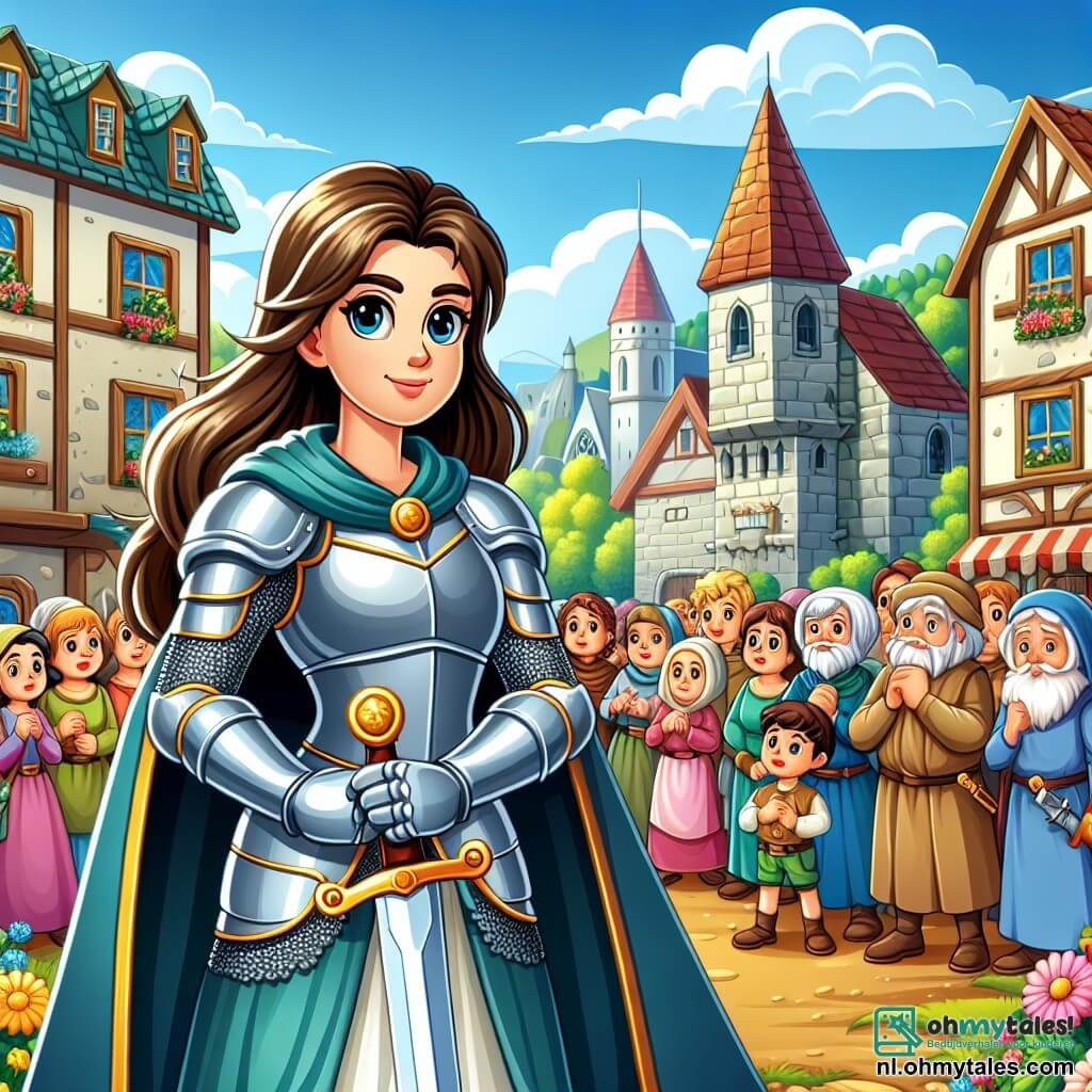 Une illustration sous forme de dessin destinée aux enfants représentant une scène épique dans un village médiéval pittoresque, où une courageuse chevaleresse aux longs cheveux bruns, portant une armure étincelante et brandissant un épée, se tient fièrement devant un groupe de villageois inquiets, dont un jeune garçon aux yeux brillants et une vieille femme au visage ridé, tous deux regardant avec admiration et espoir alors qu'ils se préparent à défendre leur village contre un ennemi menaçant à l'horizon, avec des fleurs colorées et des maisons en pierre en arrière-plan, ajoutant une touche de chaleur à cette atmosphère de bravoure et de détermination.