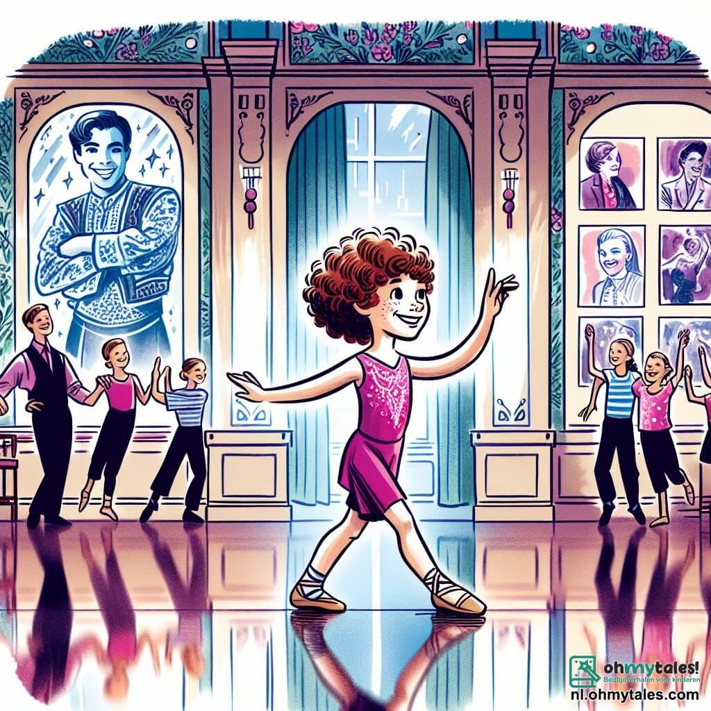 Une illustration sous forme de dessin destinée aux enfants représentant une salle de danse colorée et lumineuse, avec des murs ornés de miroirs et de photos de célèbres danseurs, où une fille de 11 ans aux cheveux châtains et bouclés, vêtue d'un justaucorps rose, exécute une pirouette avec un sourire rayonnant de confiance, tandis que deux autres filles de son âge, l'une aux cheveux blonds et l'autre aux cheveux noirs, l'encouragent avec des gestes enthousiastes, capturant ainsi le moment clé de leur préparation pour une compétition de danse, symbolisant la force de l'amitié et la découverte de soi.