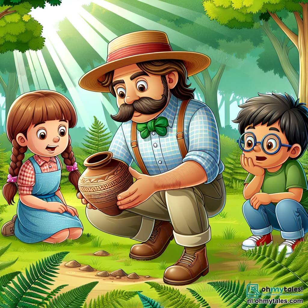 Une illustration sous forme de dessin destinée aux enfants représentant une clairière verdoyante au cœur d'une forêt, où un homme à la grande moustache et au chapeau de paille, vêtu d'une chemise à carreaux et de pantalons en toile, est accroupi en train de brosser délicatement une ancienne poterie, tandis que deux enfants, une fille aux cheveux bruns tressés portant une robe bleue et un garçon aux lunettes rondes et à la chemise verte, l'observent avec émerveillement, tous trois entourés de fougères et de rayons de soleil filtrant à travers les arbres, illustrant leur aventure d'archéologie et la découverte de trésors du passé.