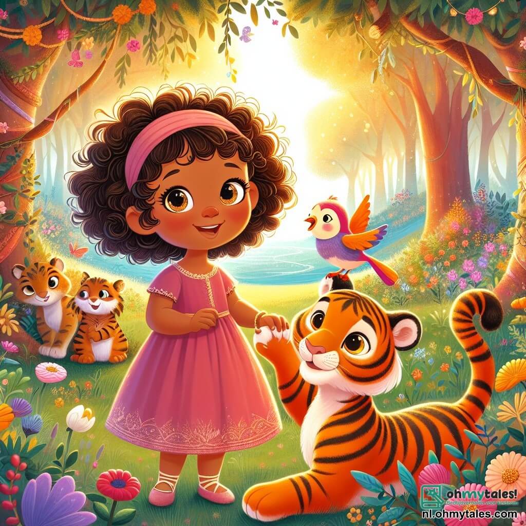 Une illustration sous forme de dessin destinée aux enfants représentant une clairière enchantée au cœur d'une forêt colorée, où une petite fille de 3 ans aux cheveux bouclés et aux yeux pétillants, vêtue d'une robe rose, sourit joyeusement en tenant la patte d'un doux tigre orange avec des rayures noires, tandis qu'un petit oiseau aux plumes multicolores chante joyeusement sur une branche proche, tous trois célébrant leur amitié et leur aventure pour découvrir le secret de la Glimlachende Ster, entourés de fleurs éclatantes et d'une lumière dorée filtrant à travers les arbres.