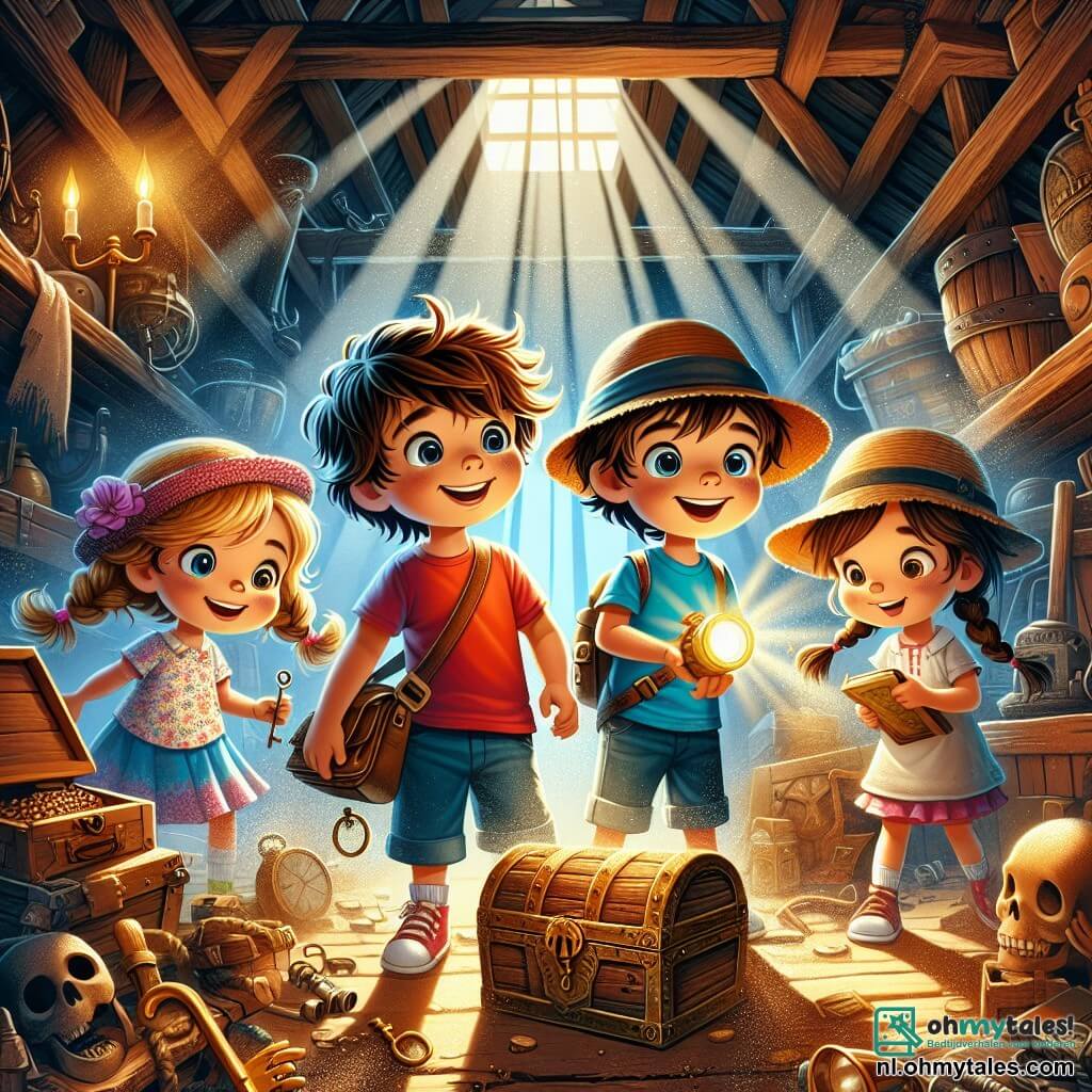 Illustratie van een magische scène in een oude schuur, vol met oude voorwerpen en stof, met stralen licht die door de kieren van de houten muren filteren. In het midden zijn vier kleine avonturiers, twee jongens en twee meisjes, druk bezig met verkennen. De eerste jongen, zes jaar oud, heeft rommelig bruin haar en draagt een rode t-shirt met een blauwe korte broek. Hij houdt een gouden sleutel in zijn hand, met opgewonden ogen. Het tweede meisje, ook zes jaar oud, heeft gevlochten blond haar en draagt een bloemenjurk. Ze kijkt nieuwsgierig naar een oude houten kist. De derde jongen, met zwart haar en een bril, is bezig een andere kist open te maken, zijn gezicht geconcentreerd. Tot slot glimlacht het laatste meisje, met kastanjebruin haar en een strohoed, terwijl ze een zaklamp vasthoudt en de donkere hoeken van de schuur verlicht. Op de achtergrond creëren mysterieuze schaduwen en oude voorwerpen een sfeer van avontuur en ontdekking, terwijl een lichte stof in de lucht zweeft, wat een vleugje magie aan de scène toevoegt.