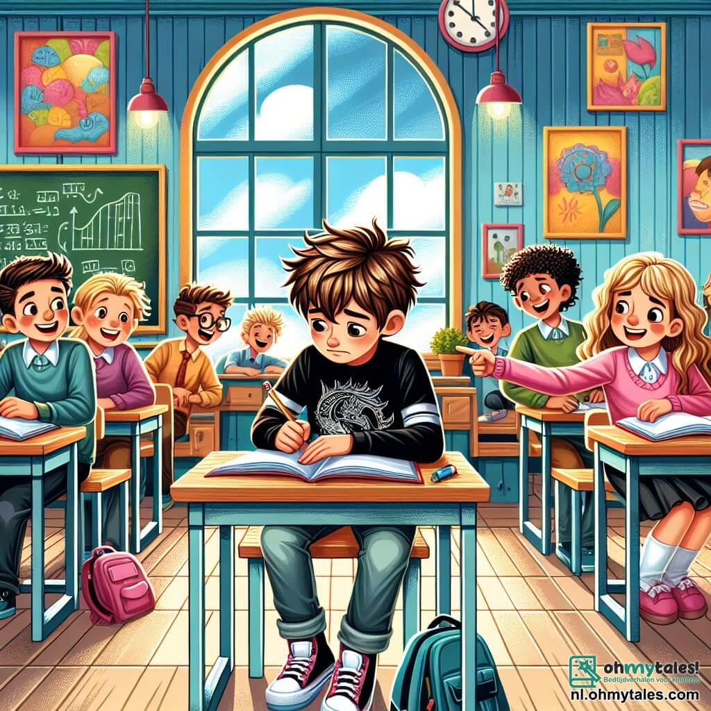 Illustratie van een scène in een heldere en uitnodigende klas, met muren in felle kleuren en educatieve posters aan de muur. In het midden staat een zwart bord omringd door lichte houten bureaus waar kinderen zitten. Een jongen van ongeveer 12 jaar met rommelig bruin haar en een zwart T-shirt met een drakenafbeelding zit aan een bureau, er somber en geconcentreerd uitziend terwijl hij naar zijn schetsboek kijkt. Naast hem biedt een meisje van 12 jaar met lang bruin haar en een vriendelijke uitstraling hem een troostende hand aan. Ze draagt een roze trui en een spijkerbroek. Op de achtergrond kijkt een ander meisje van 12 jaar met krullend blond haar bezorgd terwijl ze aan haar bureau zit, terwijl een groep jongens, waarvan er één blond is en een spottende glimlach heeft, fluistert en lacht terwijl ze naar de jongen met het schetsboek wijzen. De hoofdsetting toont de jongen die zich geïsoleerd en ongemakkelijk voelt, terwijl de twee meisjes proberen hem te steunen, wat het thema van pesten en het belang van vriendschap en steun illustreert. Open boeken en gekleurde potloden liggen verspreid over de bureaus, wat een levendige toets aan de scène toevoegt.