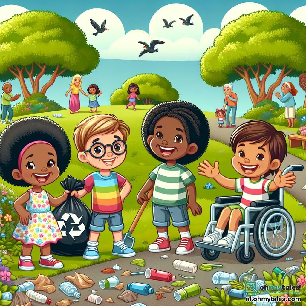 Illustratie van een zonnig park met een groot groen terrein, bomen met stralende bladeren en een mooi klein vijvertje waar eenden zwemmen. Op de voorgrond een groep van vier kinderen: een meisje van ongeveer 8 jaar met krullend haar en een kleurrijke jurk, die glimlacht terwijl ze een vuilniszak vasthoudt; een jongen van 9 jaar met een bril en een gestreept T-shirt, die met een grote glimlach afval opruimt; een meisje van 7 jaar met vlechten en een short, die trots een zelfgemaakt bord over natuurbescherming toont; en een jongen van 10 jaar in een rolstoel, die applaudisseert en zijn vrienden aanmoedigt met een grote glimlach. De scène toont de kinderen die het park aan het schoonmaken zijn, omringd door verzameld afval, terwijl ze lachen en plezier hebben. Op de achtergrond sluiten gezinnen en andere kinderen zich bij hen aan, wat een vrolijke en samenwerkende sfeer creëert, met vogels die door de blauwe lucht vliegen en kleurrijke bloemen die leven aan het geheel toevoegen.