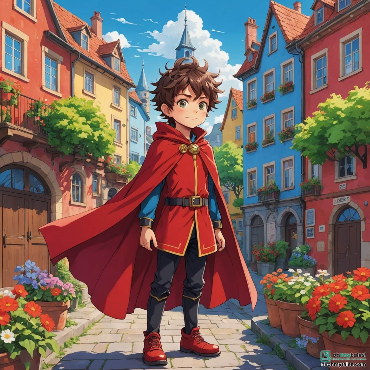 Une illustration destinée aux enfants représentant un jeune garçon aux cheveux ébouriffés et aux yeux pétillants de malice, vêtu d'un costume rouge éclatant avec une cape flottante, se tenant fièrement au sommet d'un bâtiment coloré de la ville de Glimlachte, où des maisons aux façades pastel et des jardins fleuris s'étendent à perte de vue, tandis qu'il se prépare à affronter un inventeur maléfique à la silhouette sombre et menaçante, entouré de machines grinçantes, avec à ses côtés un sage vieil homme à la barbe grise et au sourire bienveillant, prêt à lui prodiguer des conseils, le tout sous un ciel bleu éclatant parsemé de nuages blancs duveteux.