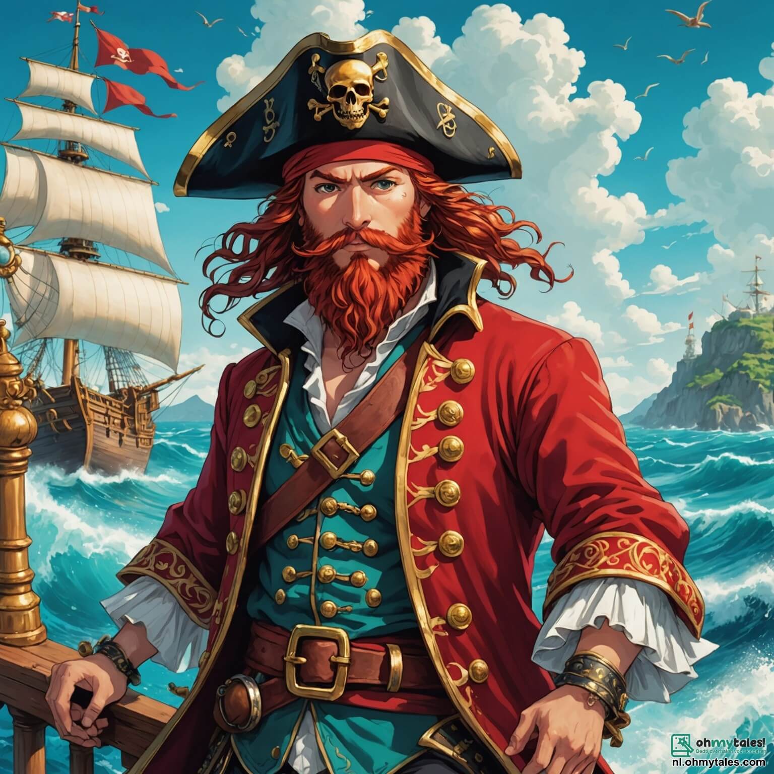 Une illustration destinée aux enfants représentant un audacieux pirate à la barbe flamboyante, vêtu d'un manteau en velours rouge orné de dorures scintillantes, naviguant sur les flots tumultueux de l'océan turquoise à bord de son majestueux vaisseau aux voiles blanches comme des nuages, tandis qu'il cherche une mystérieuse île aux trésors cachés, entouré de sa fidèle première matelote, une jeune fille au regard pétillant et à l'esprit vif, ainsi que de son courageux matelot, un garçon intrépide au sourire espiègle, tous trois évoluant dans un décor enchanteur de palmiers dansants, de plages dorées et de rochers escarpés sous un ciel azur parsemé de nuages cotonneux.