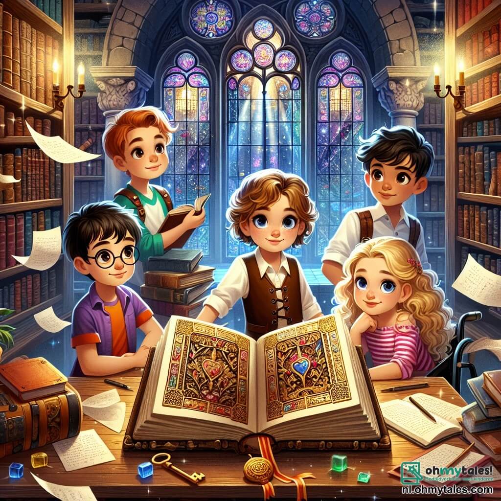 Illustratie van een scène in een oude magische bibliotheek, met donkere houten planken vol stoffige boeken, en stralen licht die door grote ramen met kleurrijke glas-in-loodramen filteren. In het midden staat een groep van vier kinderen voor een groot, rijkelijk versierd oud boek op een houten tafel. De eerste jongen is ongeveer 10 jaar oud, met rommelig bruin haar en ronde bril, en toont een intense nieuwsgierigheid. Naast hem zit een meisje van ongeveer 9 jaar met krullend blond haar en een stralende glimlach, in een rolstoel, met een open boek op haar schoot. Een andere jongen, ongeveer 11 jaar, met kastanjebruin haar en een kleurrijk T-shirt, tekent snel in een notitieboek, zijn ogen sprankelend van opwinding. Tot slot is er een meisje van ongeveer 10 jaar met zwart haar en een bril, dat aandachtig naar het boek kijkt, met ogen die stralen van vastberadenheid. De situatie toont de kinderen die een oud mysterieus boek met een gouden slot ontdekken, terwijl ze zich voorbereiden om het te openen. Papieren bladen vliegen om hen heen, en een verroeste sleutel, gevonden in een lade, schittert in het licht. De sfeer is gevuld met mysterie en avontuur, met dansende schaduwen en lichtflitsen die een magische toets aan de scène geven.