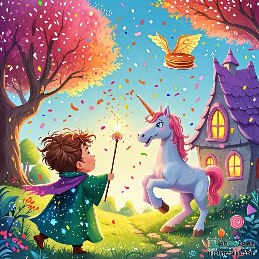 Une illustration sous forme de dessin destinée aux enfants représentant un village enchanté aux couleurs vives, avec des maisons en bonbons et des arbres aux feuilles scintillantes, où un jeune sorcier aux cheveux ébouriffés et à la robe verte pleine de taches magiques, tenant une grande baguette, tente de faire voler une pannenkoek rieuse au-dessus de sa tête, tandis qu'une joyeuse licorne aux yeux pétillants et une dragonne aux écailles brillantes l'observent avec curiosité, tous entourés de confettis colorés flottant dans l'air, illustrant un moment de magie et d'amusement.