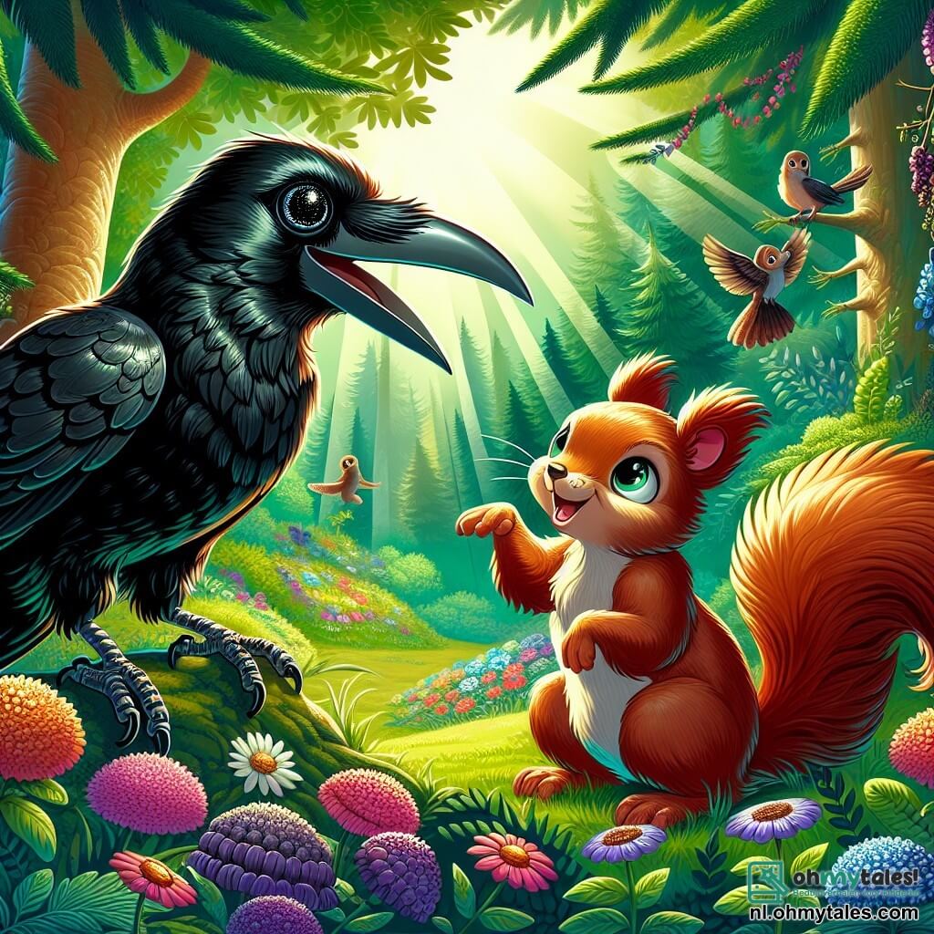 Une illustration sous forme de dessin destinée aux enfants représentant une clairière enchantée dans une forêt verdoyante, où un corbeau aux plumes noires brillantes et aux yeux pétillants, perché sur une branche, raconte une histoire à un joyeux écureuil au pelage roux et à la queue touffue, tandis qu'autour d'eux, des fleurs colorées dansent doucement au rythme du vent et des rayons de soleil percent à travers les feuilles, créant une atmosphère magique d'aventure et d'amitié.