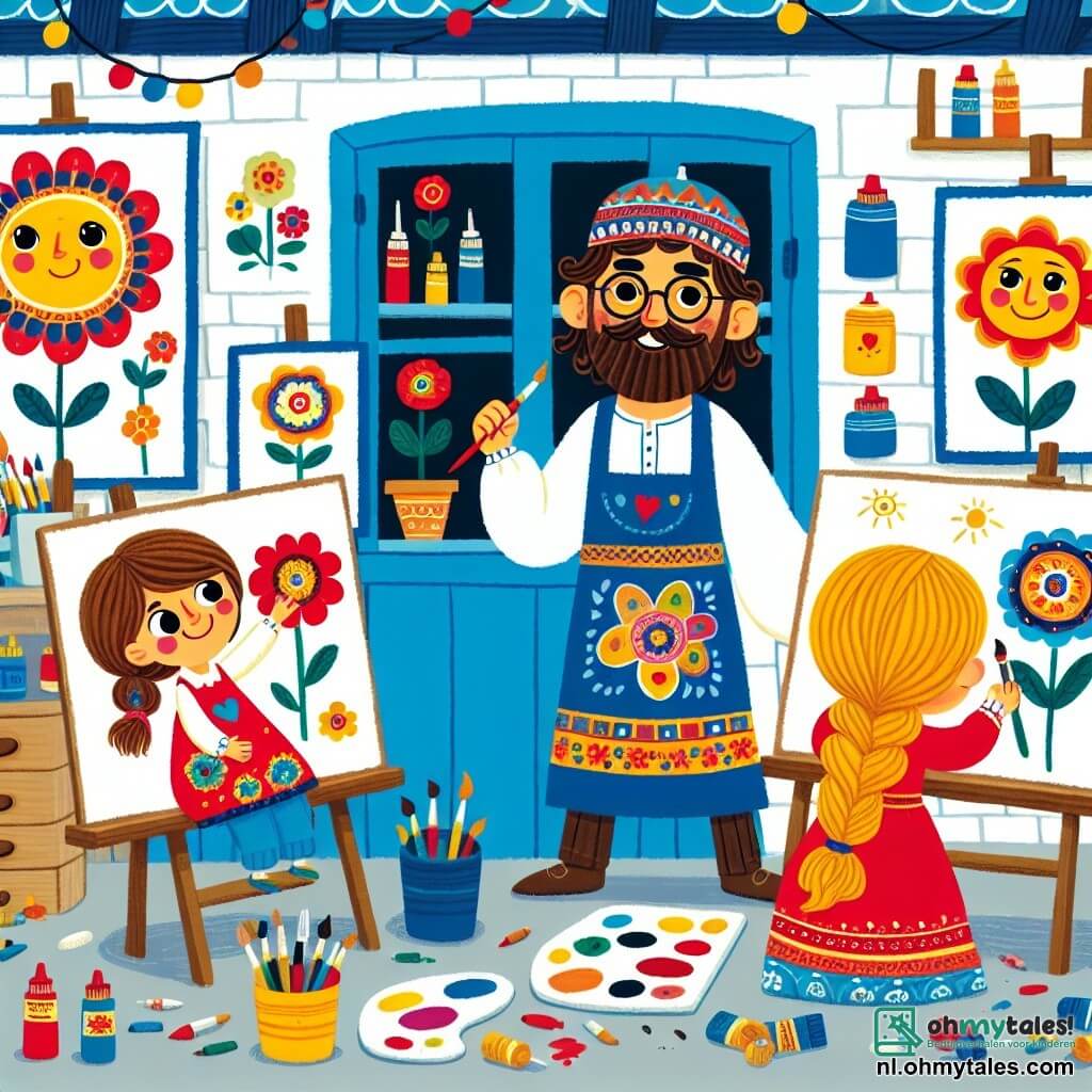 Une illustration sous forme de dessin destinée aux enfants représentant un atelier coloré avec des murs peints en bleu, où un homme à la chevelure brune et aux lunettes rondes, vêtu d'un tablier éclaboussé de peinture, est en train de montrer fièrement ses magnifiques tableaux de fleurs à un groupe de trois enfants : une fille aux cheveux blonds et à la grande robe rouge qui dessine un soleil souriant, un garçon avec une casquette bleue qui crée une peinture de poisson coloré, et une autre fille avec une grande tresse qui admire les œuvres, tous entourés de pots de peinture éclatants et de pinceaux éparpillés.