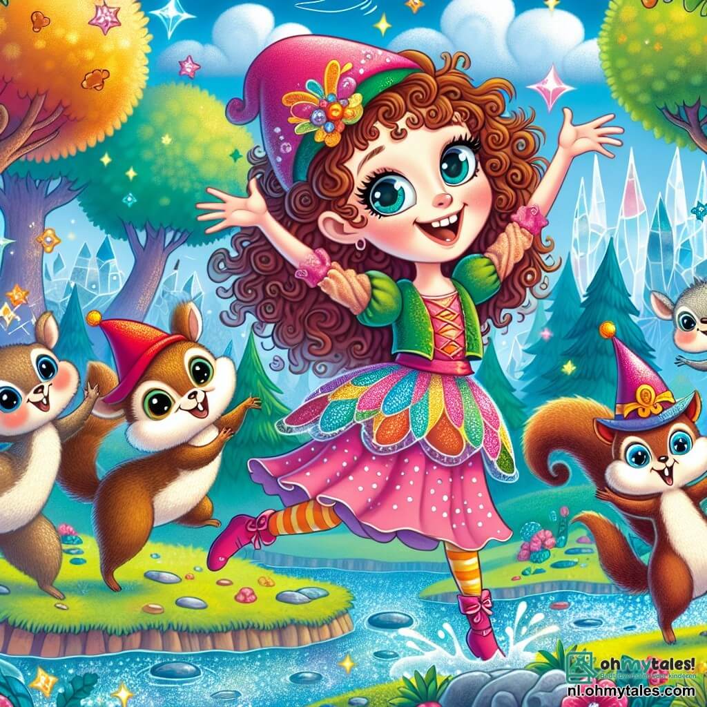 Une illustration sous forme de dessin destinée aux enfants représentant une scène colorée dans le royaume fantastique de Fluffelstein, où une fille de 11 ans aux cheveux bouclés et châtain, avec un grand sourire et des vêtements colorés, danse joyeusement au bord d'une rivière scintillante, entourée de créatures étranges ressemblant à des écureuils avec de grands yeux et des chapeaux rigolos, qui l'encouragent en riant, alors qu'elle tente de gagner une compétition de danse pour récupérer un cristal magique, avec des arbres aux couleurs vives et des nuages en forme d'animaux dans le ciel en arrière-plan.
