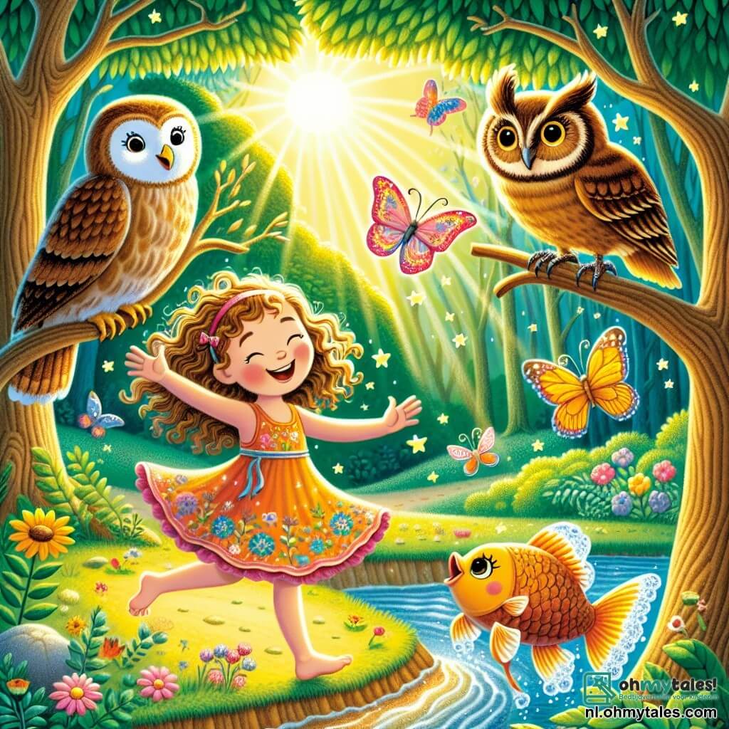 Une illustration sous forme de dessin destinée aux enfants représentant une clairière ensoleillée au cœur d'une forêt verdoyante, où une fille de 11 ans aux cheveux bouclés et aux yeux pétillants, vêtue d'une robe colorée, danse joyeusement en suivant une vlinder colorée qui virevolte autour d'elle, tandis qu'une grande uil aux plumes brillantes et aux yeux sages l'observe depuis une branche, et un poissonsmeisje aux écailles scintillantes joue dans la rivière à proximité, symbolisant la quête de la jeune fille pour découvrir le bonheur à travers des rencontres magiques et des leçons de vie.