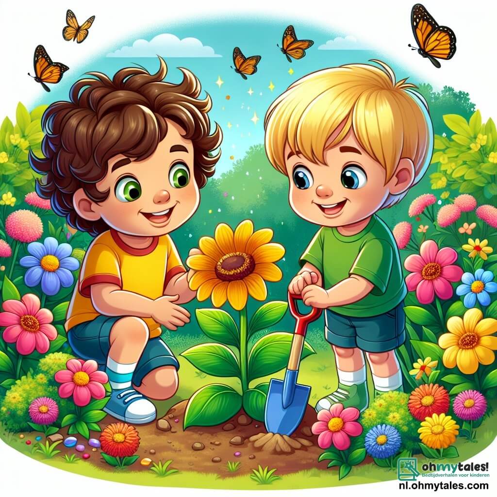 Une illustration sous forme de dessin destinée aux enfants représentant un jardin en pleine floraison au printemps, avec un garçon de 5 ans aux cheveux châtains et bouclés, portant un t-shirt jaune et un short bleu, qui s'agenouille pour admirer une belle fleur colorée, tandis qu'un autre garçon de 5 ans aux cheveux blonds et droits, vêtu d'un t-shirt vert, se tient à côté de lui en tenant une petite pelle, tous deux souriant et entourés de fleurs éclatantes et de papillons virevoltant dans l'air.