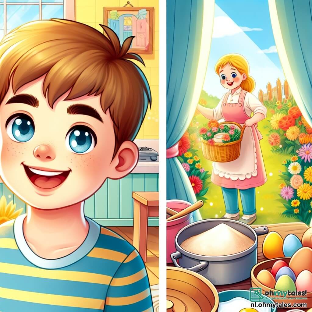 Une illustration destinée aux enfants représentant un garçon au sourire éclatant et aux yeux pétillants de curiosité, debout dans une cuisine ensoleillée où les rayons dorés du matin dansent sur les murs peints en jaune pastel, entouré de pots de farine, d'œufs et de fruits colorés, tandis qu'il s'affaire avec son meilleur ami, un autre garçon plein d'entrain, à préparer une surprise pour leur mère adorée, une femme douce au cœur chaleureux, qui s'active dans le jardin fleuri juste à l'extérieur, où des roses éclatantes et des marguerites dansent au gré du vent, créant une atmosphère joyeuse et pleine d'amour pour célébrer la fête des mères.