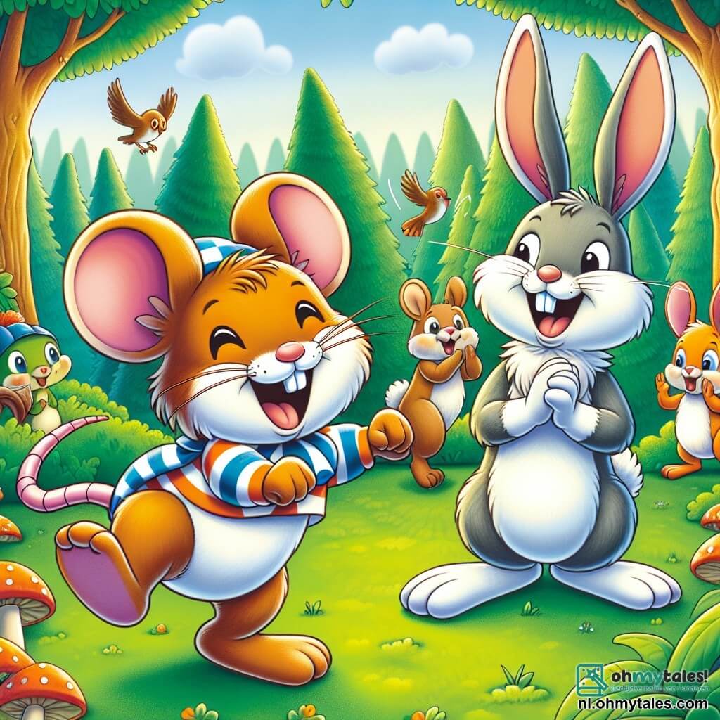 Une illustration sous forme de dessin destinée aux enfants représentant un joyeux champ verdoyant au cœur d'une forêt colorée, où une petite souris au pelage brun et aux grandes oreilles, portant un sjaaltje rayé autour du cou, danse avec entrain tout en riant, entourée de son ami un adorable lapin aux oreilles longues et blanches qui applaudit avec enthousiasme, tandis qu'en arrière-plan, d'autres animaux comme des écureuils et des oiseaux regardent avec amusement la scène de la grande compétition de la forêt, remplie de joie et de camaraderie.