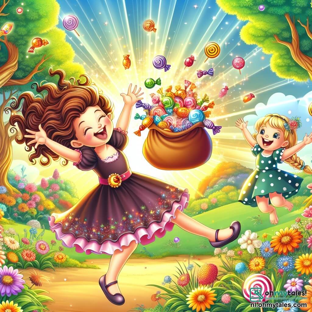 Une illustration sous forme de dessin destinée aux enfants représentant un parc ensoleillé rempli de fleurs colorées et d'arbres majestueux, où une fille de 9 ans avec des cheveux bouclés châtain et une grande sourire, en train de danser joyeusement avec une grande sac de bonbons scintillants à ses pieds, tandis qu'une autre fille de 9 ans aux cheveux blonds tressés et portant une robe à pois l'encourage en sautant de joie, alors qu'une mystérieuse sorcière des bonbons apparaît dans un éclat de lumière, créant une atmosphère magique et ludique.