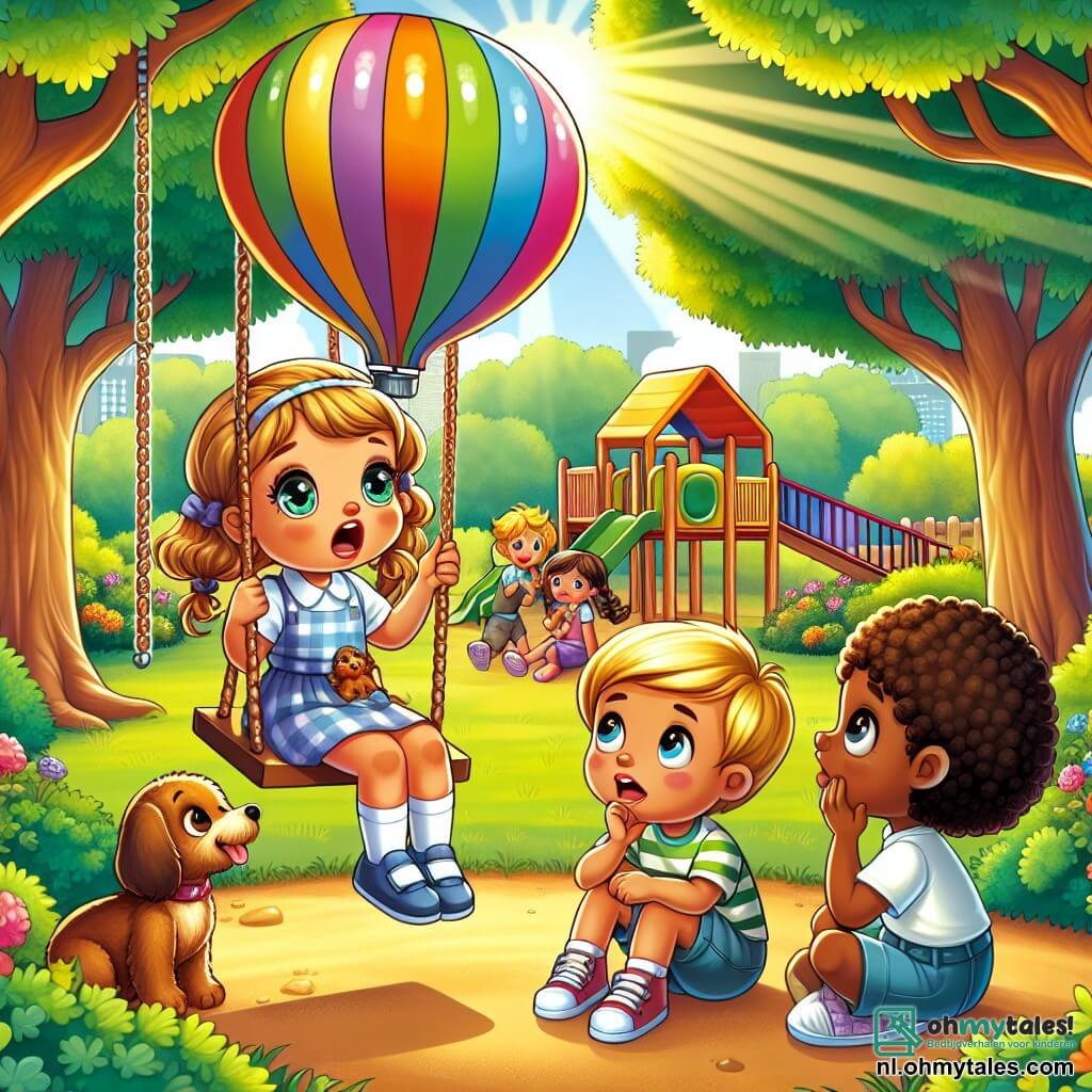 Une illustration sous forme de dessin destinée aux enfants représentant un parc ensoleillé avec des arbres verdoyants et un petit aire de jeux, où une fille de 7 ans aux cheveux bouclés et aux yeux pétillants, assise sur une balançoire, regarde avec un air inquiet ses amis, un garçon aux cheveux blonds et une fille aux tresses, qui l'interrogent curieusement sur une grande et colorée air balloon qu'elle a prétendu avoir dessinée, tandis qu'un petit chien aux poils bruns, assis à ses pieds, semble attentif à la conversation.