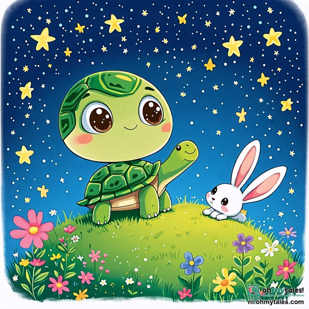 Une illustration sous forme de dessin destinée aux enfants représentant une colline verdoyante sous un ciel étoilé, où une petite tortue au carapace verte brillante, avec de grands yeux curieux, se tient sur le sommet en levant une patte vers les étoiles scintillantes, tandis qu'un joyeux lapin aux grandes oreilles et à la fourrure blanche l'encourage en sautillant à ses côtés, capturant l'instant magique où la tortue rêve de toucher les étoiles, entourée de fleurs colorées et d'une douce brise nocturne.